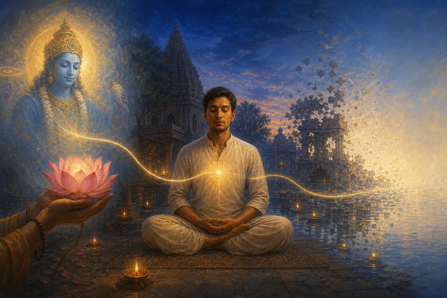 A seated contemplative is surrounded by a lotus offering, a calm breath-like arc, and open luminous space representing complementary devotional, yogic, and contemplative approaches.