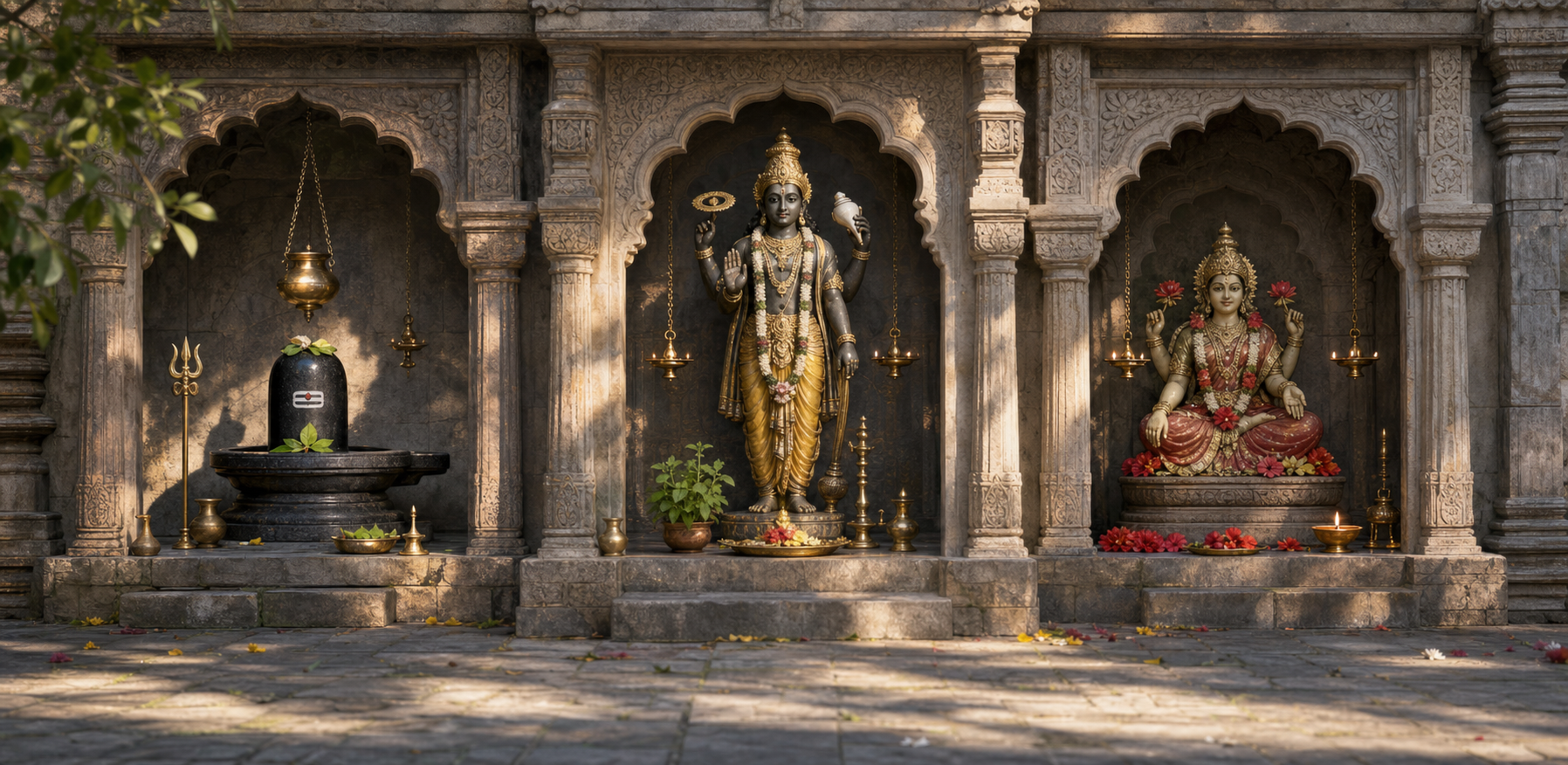 Three temple alcoves contain a flower-adorned linga, a standing Vishnu murti, and a seated Devi murti with separate offerings and lamps.