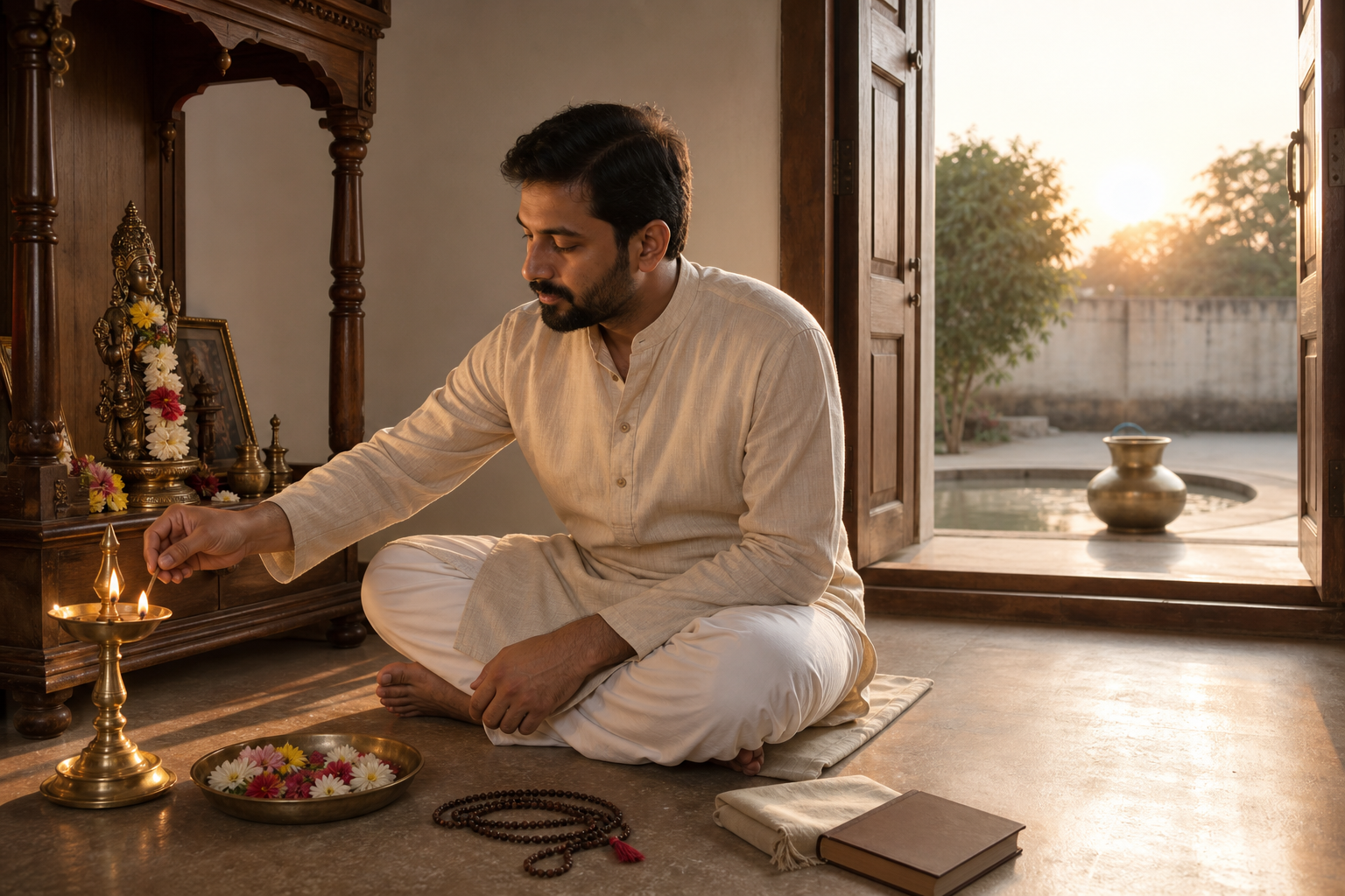 A householder lights a brass oil lamp at a simple home shrine beside prayer beads, flowers, a meditation cloth, and a closed book.