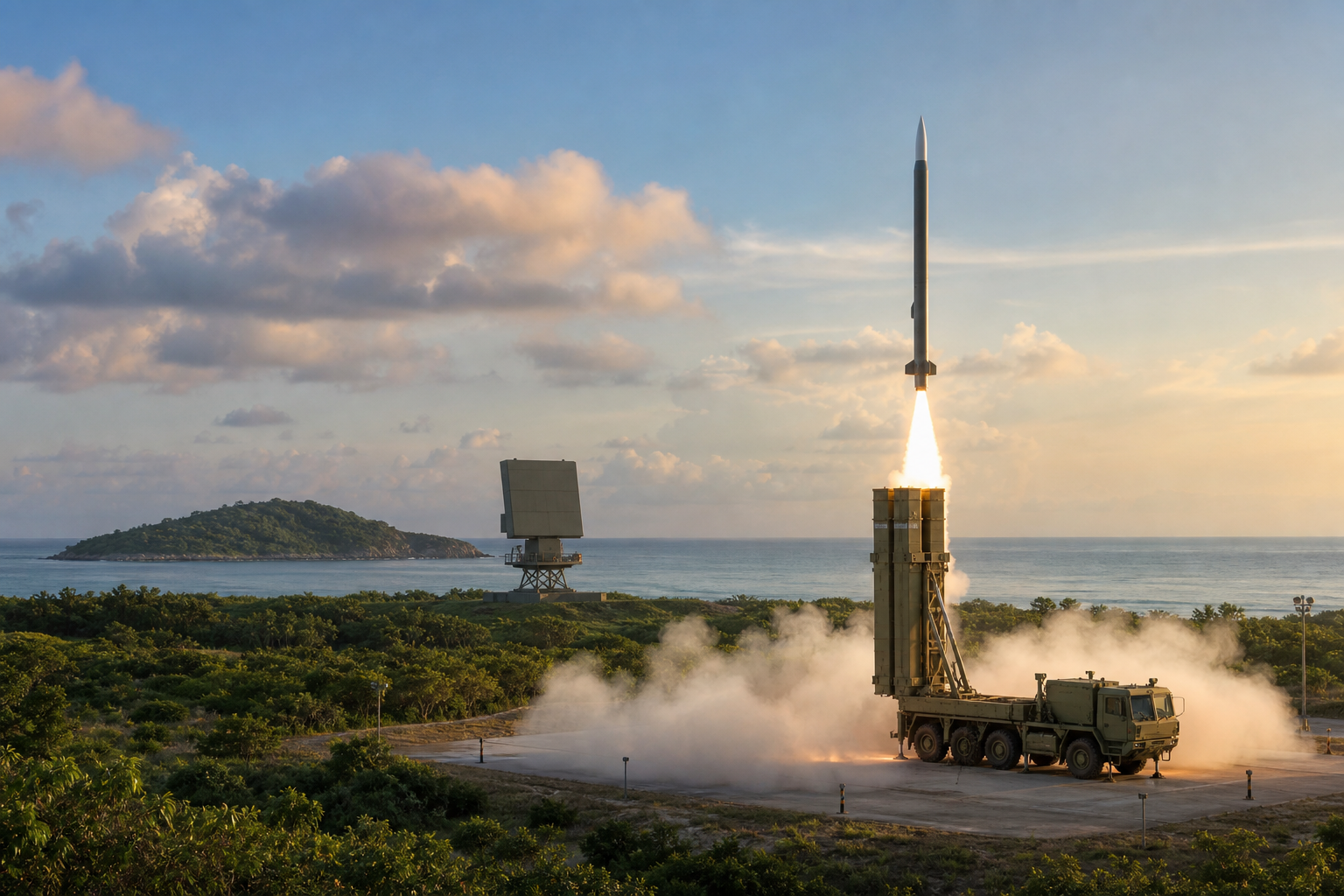 A long-range surface-to-air interceptor launches from a mobile canister on a coastal island test range as a radar tracks the flight.