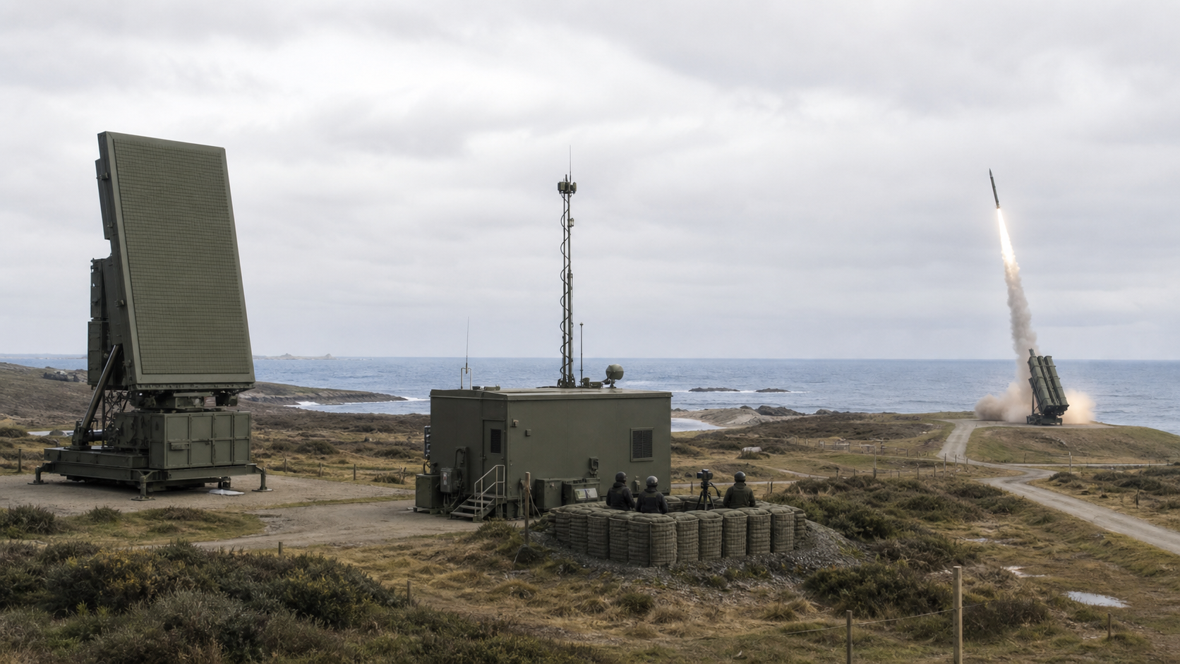 A tracking radar, command shelter, communications mast, and distant interceptor operate together on a coastal missile test range.