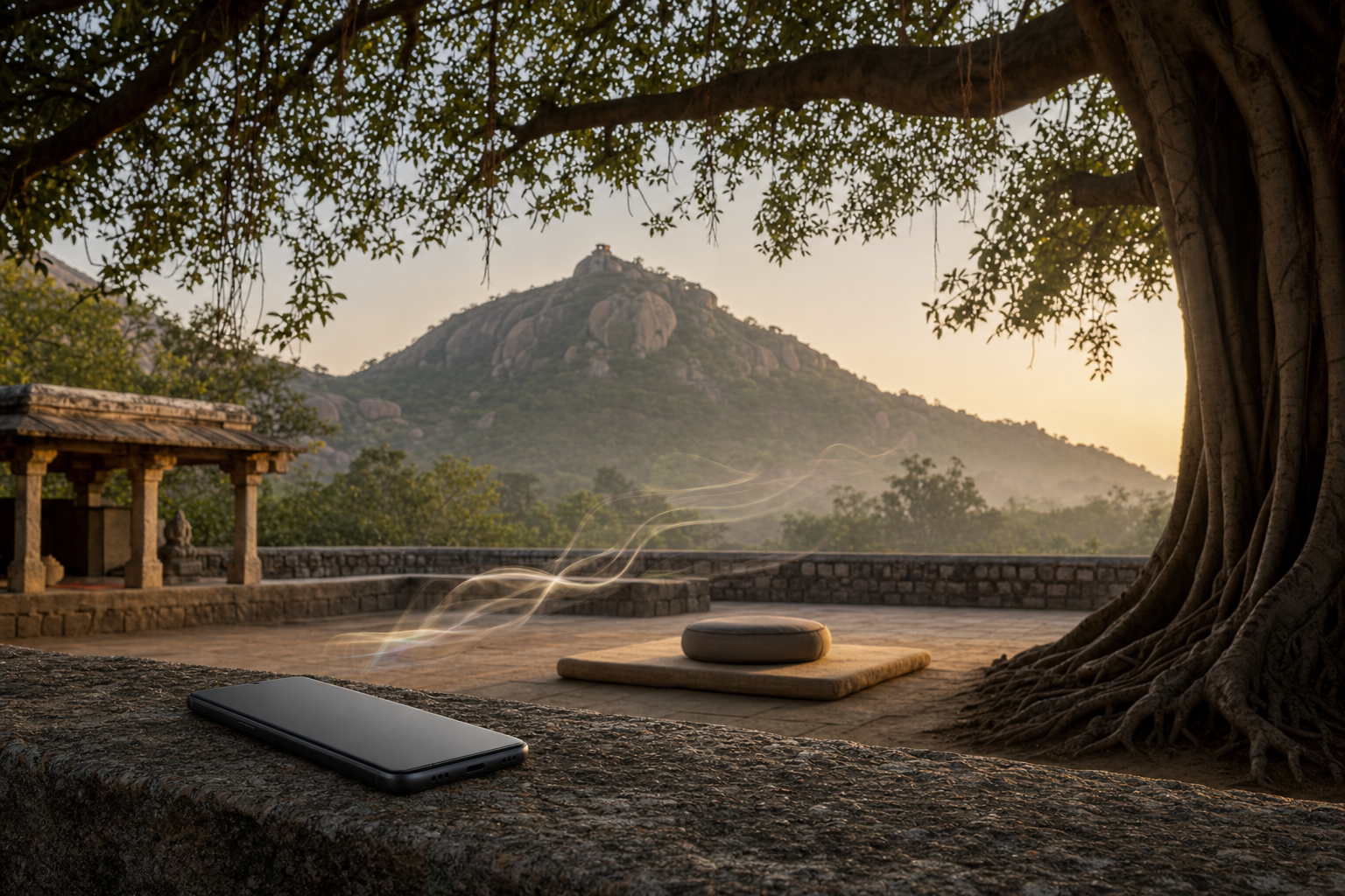 An empty meditation seat and a face-down smartphone in a quiet courtyard beneath a banyan tree and rocky hill at dawn.