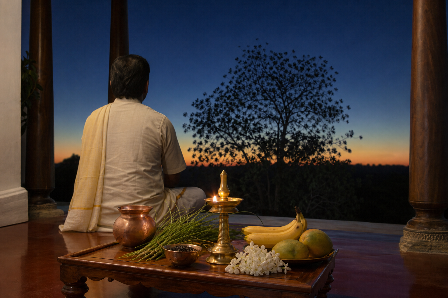 A devotee sits before a home altar with an oil lamp, copper vessel, sesame seeds, flowers, fruit, and sacred grass as a moonless sky brightens toward dawn.