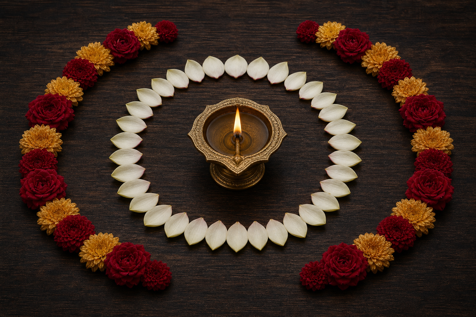A steady brass oil lamp stands inside an untouched circle of pale petals and two separate outer arcs of red and gold flowers.
