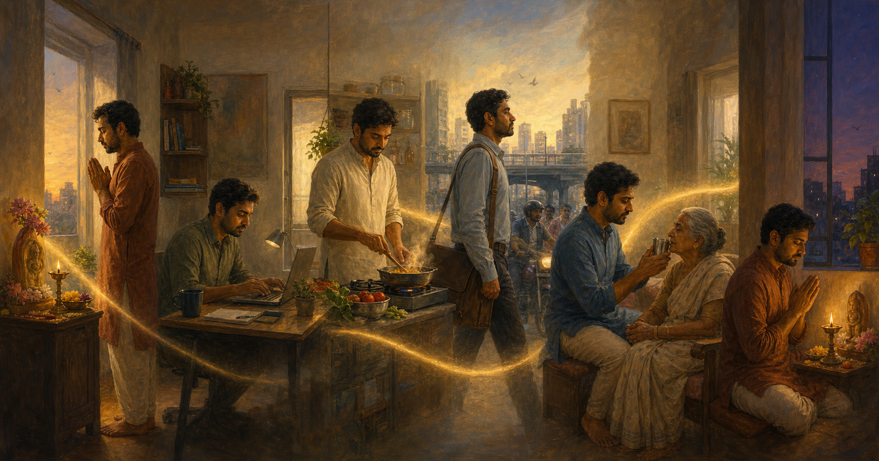 An adult moves through prayer, work, cooking, commuting, and family care as a subtle golden light connects the scenes from dawn to dusk.