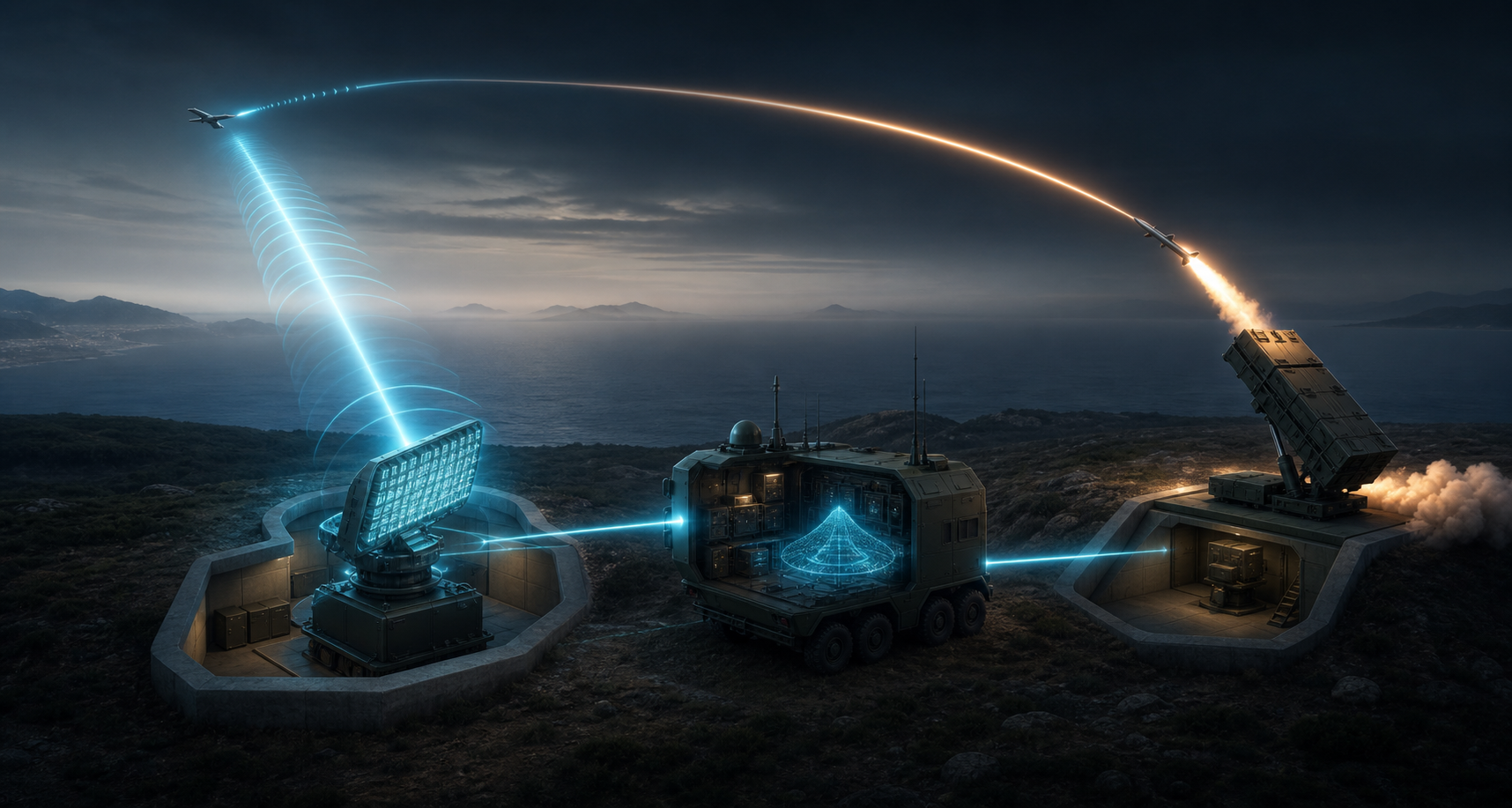 A conceptual cutaway shows an airborne target being detected by radar, processed by a command vehicle, and engaged by a launched interceptor.