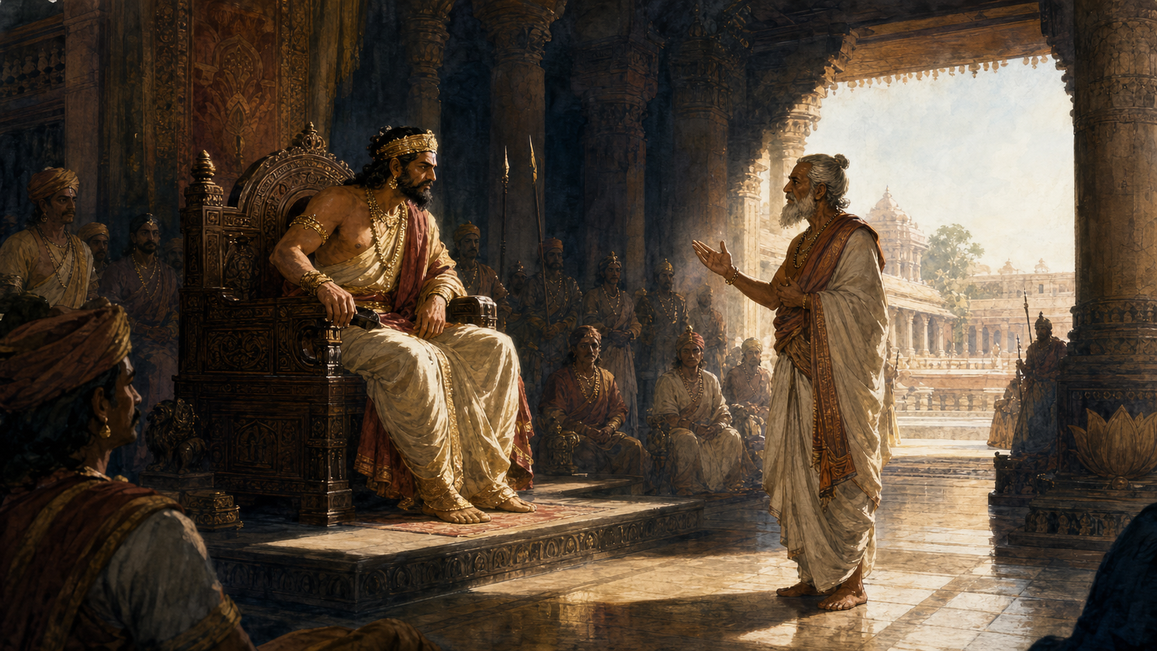 A ruler on a carved throne listens tensely as an elder counselor addresses him in a shadowed ancient Indian assembly hall lit by morning light.