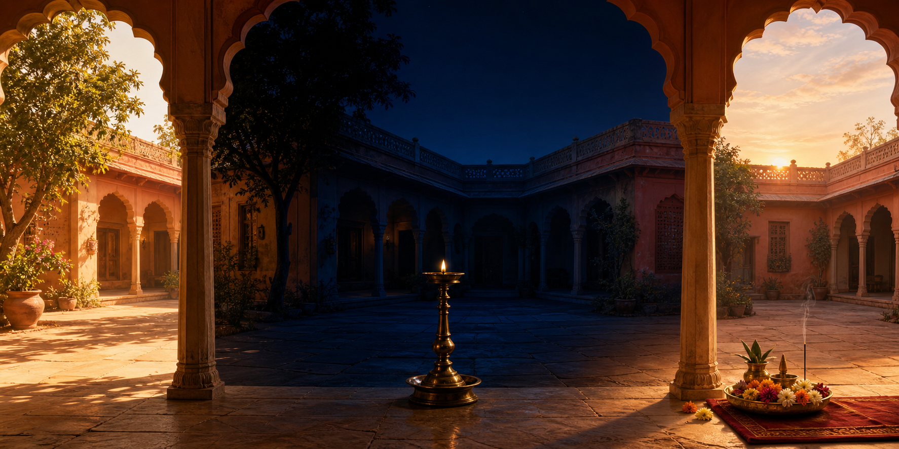 A continuous Indian courtyard scene changes from sunny afternoon through a moonless night to golden sunrise, with a brass lamp and puja items linking the three stages.