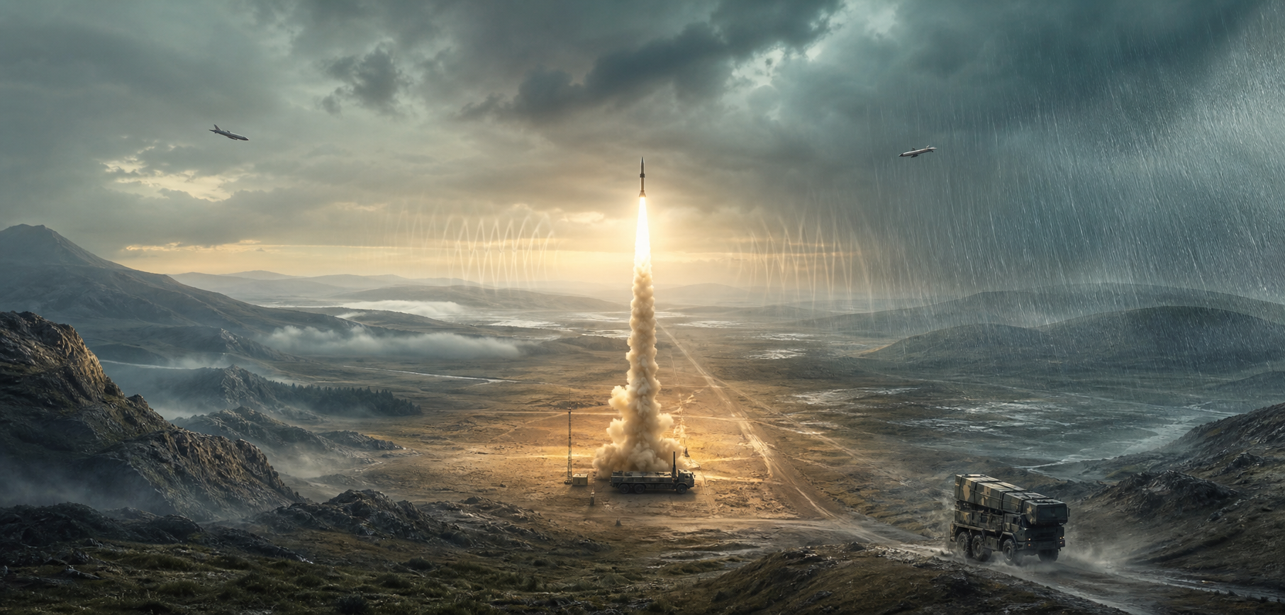 One interceptor flight is shown in clear conditions while rain, low-altitude targets, multiple threats, interference, and rough terrain remain in shadowed test areas.