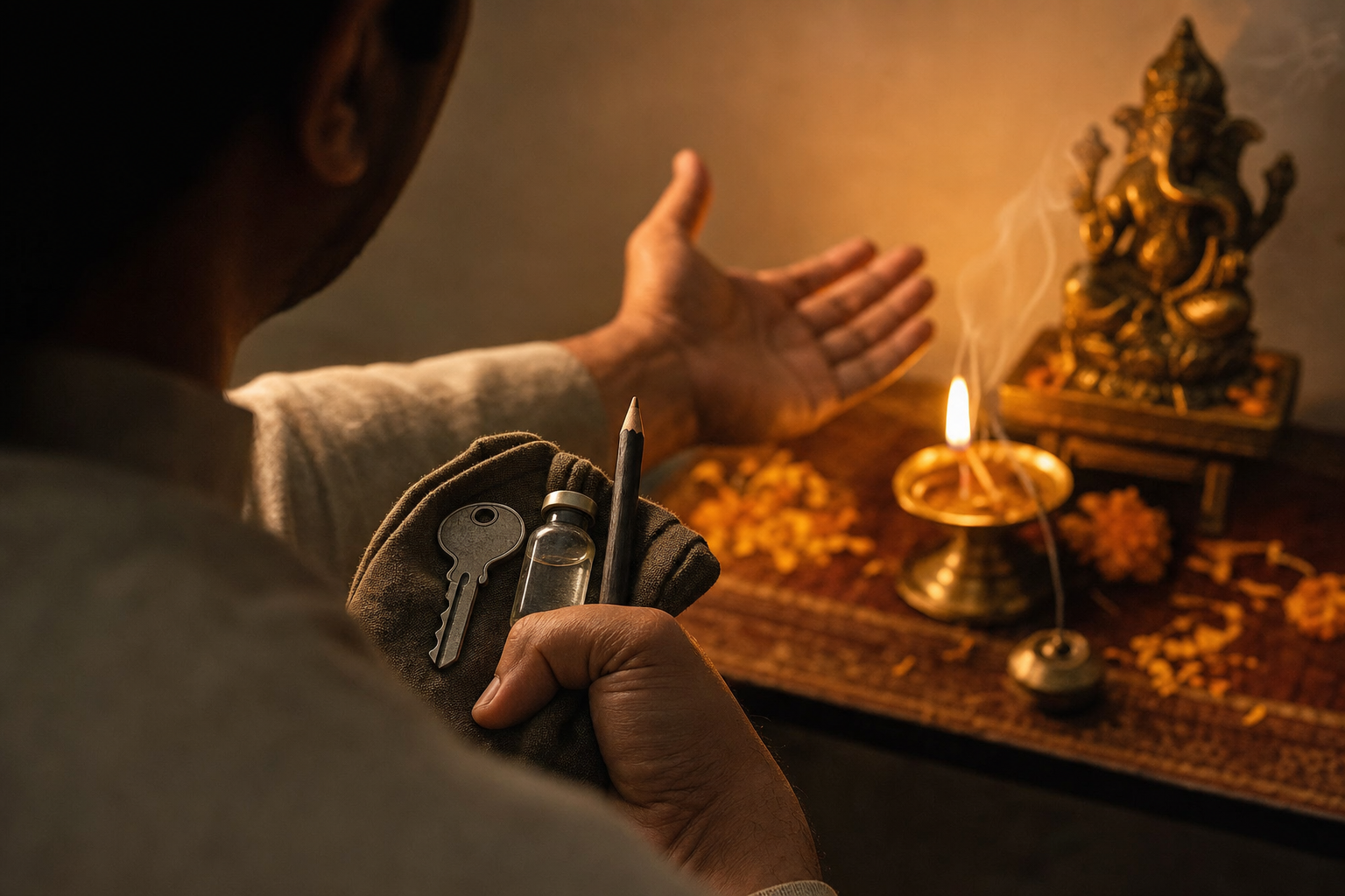A kneeling devotee holds a key, medicine vial, and pencil in one hand while opening the other palm toward a lamp-lit home altar.