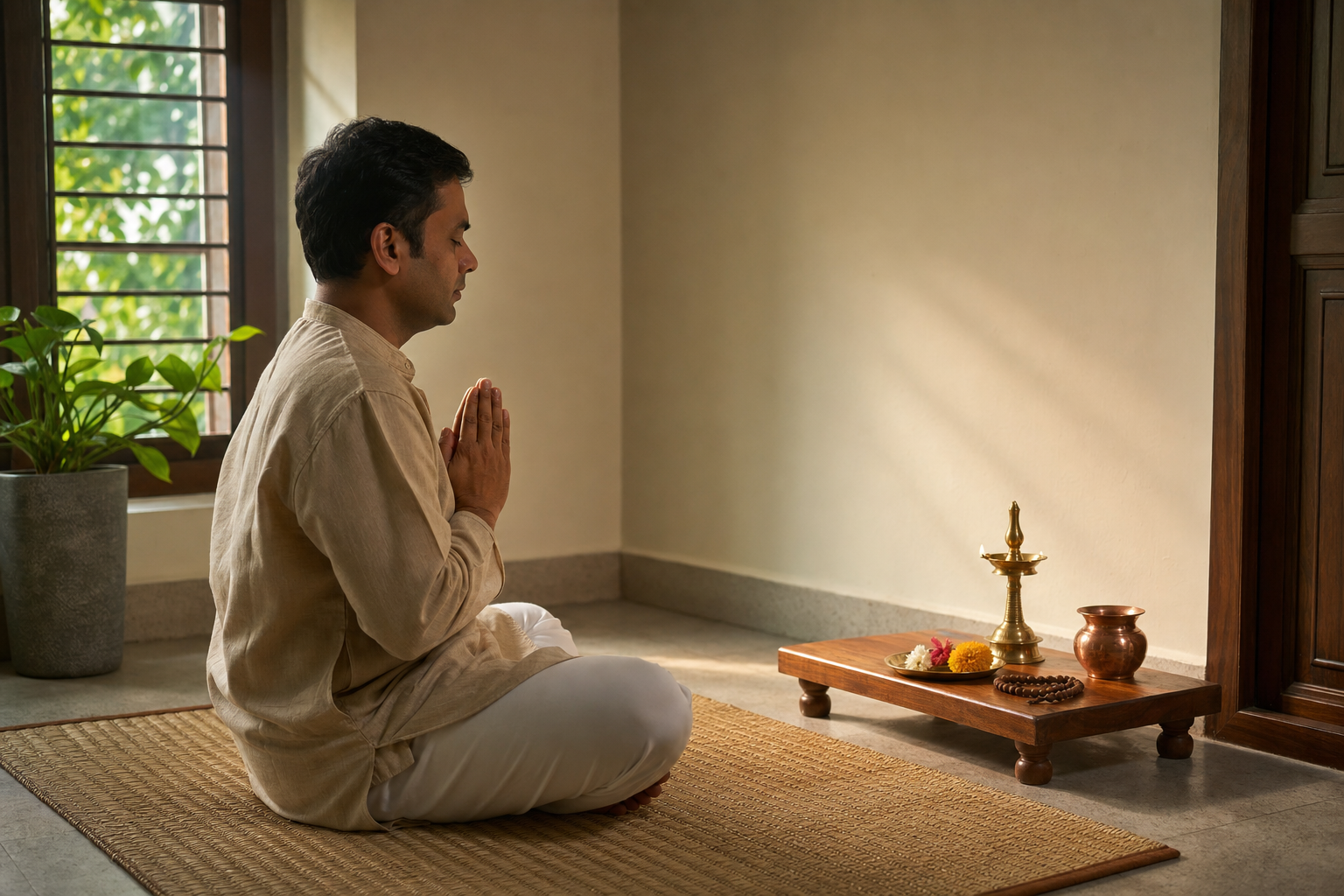A practitioner seated on a woven mat prepares to recite before a simple home altar with a lamp, copper cup, flowers, and prayer beads.