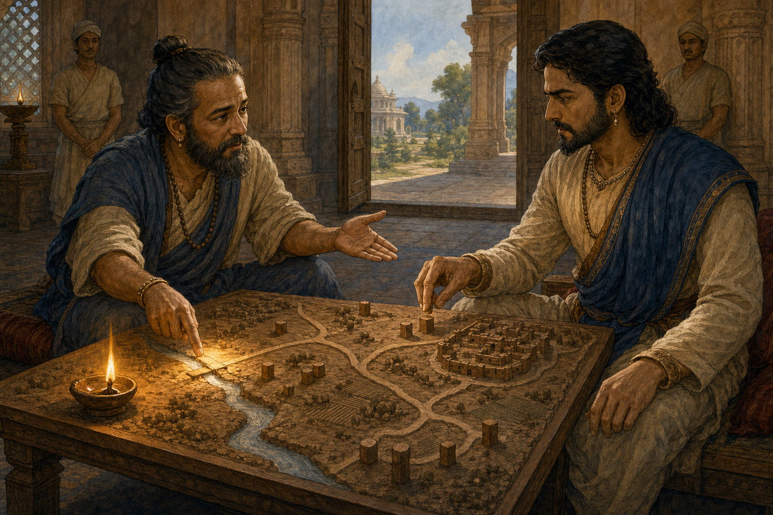 A counselor shows two possible routes on an unmarked clay landscape while the seated ruler keeps his hand over the decision pieces.