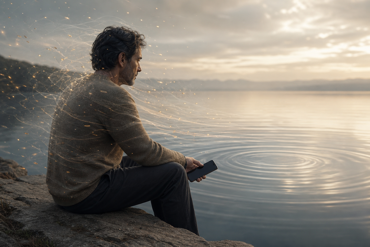 A seated person holds an inactive smartphone beside a reflecting pool as scattered light fragments fade into calm ripples.