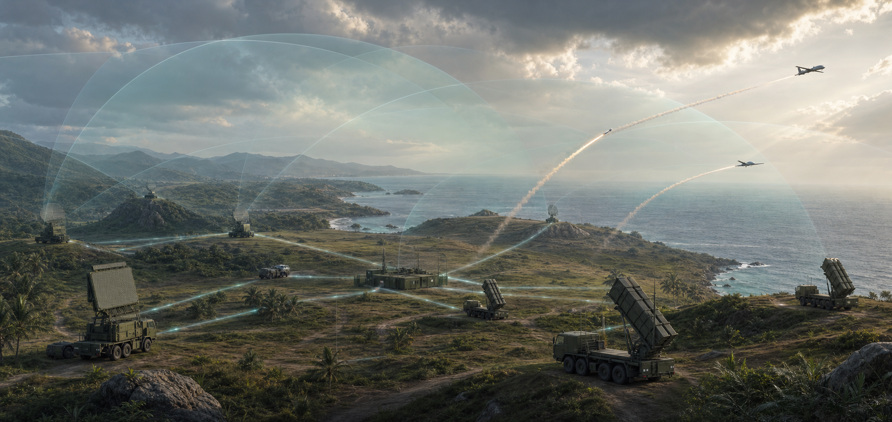 Dispersed radars, command vehicles, and mobile missile launchers form a layered air-defence network across a coastal landscape.