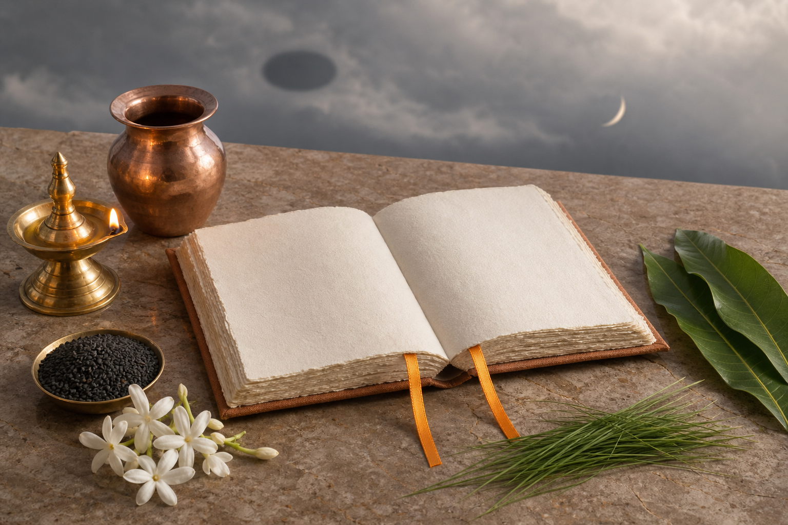 An open blank almanac with two saffron markers rests beside a lit brass lamp, a copper vessel, sesame seeds, jasmine and sacred grasses.