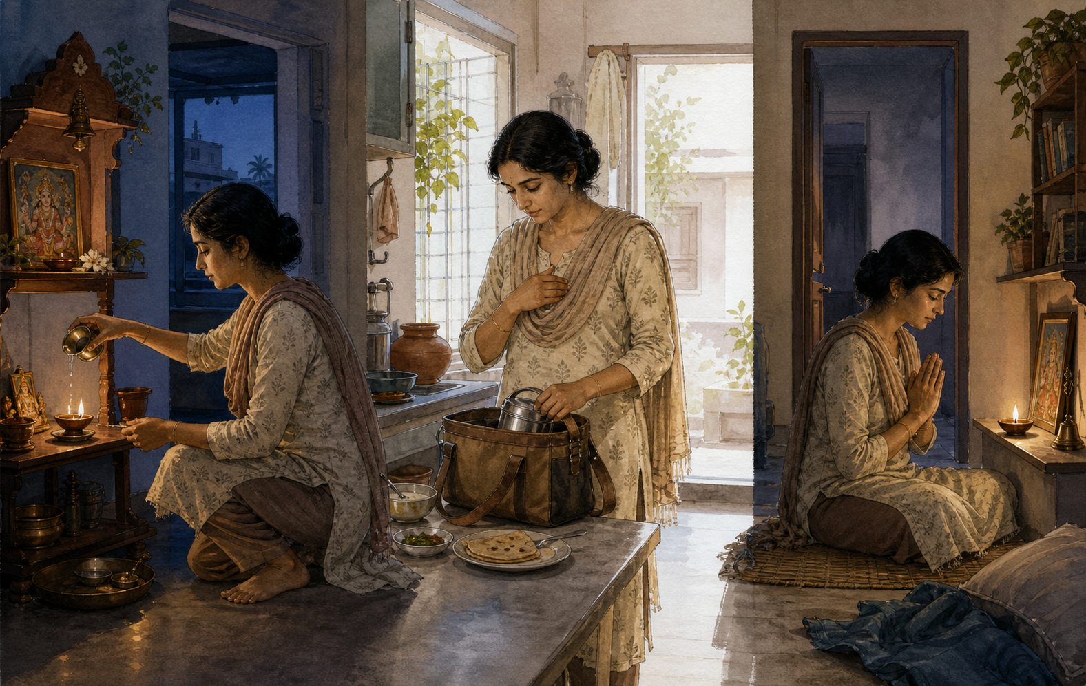 Three connected scenes show the same person lighting a lamp at dawn, pausing while preparing for work, and praying briefly in the evening.