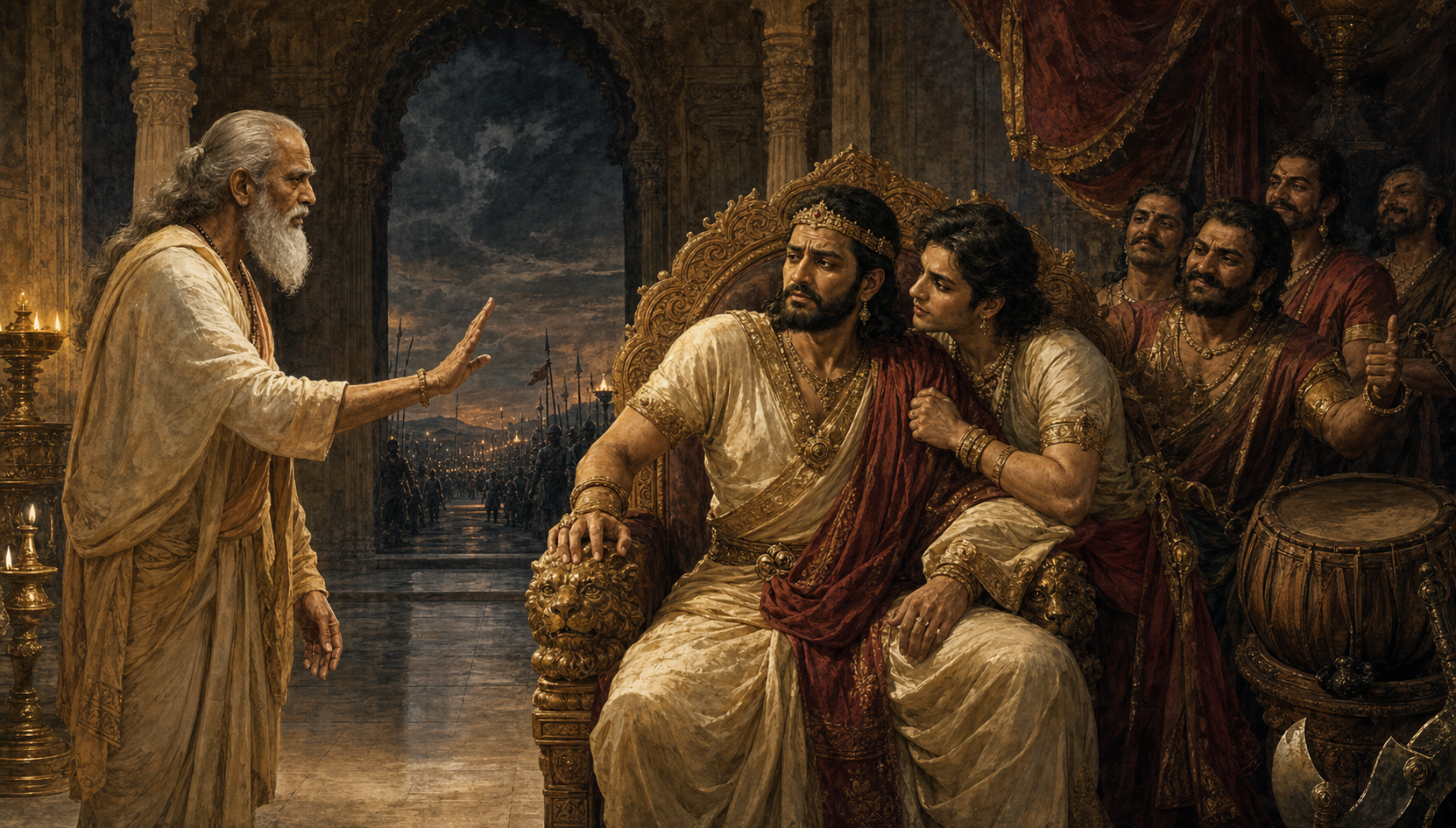 A conflicted ruler turns from an elder counselor toward a close kinsman and approving warriors in a dim royal court.