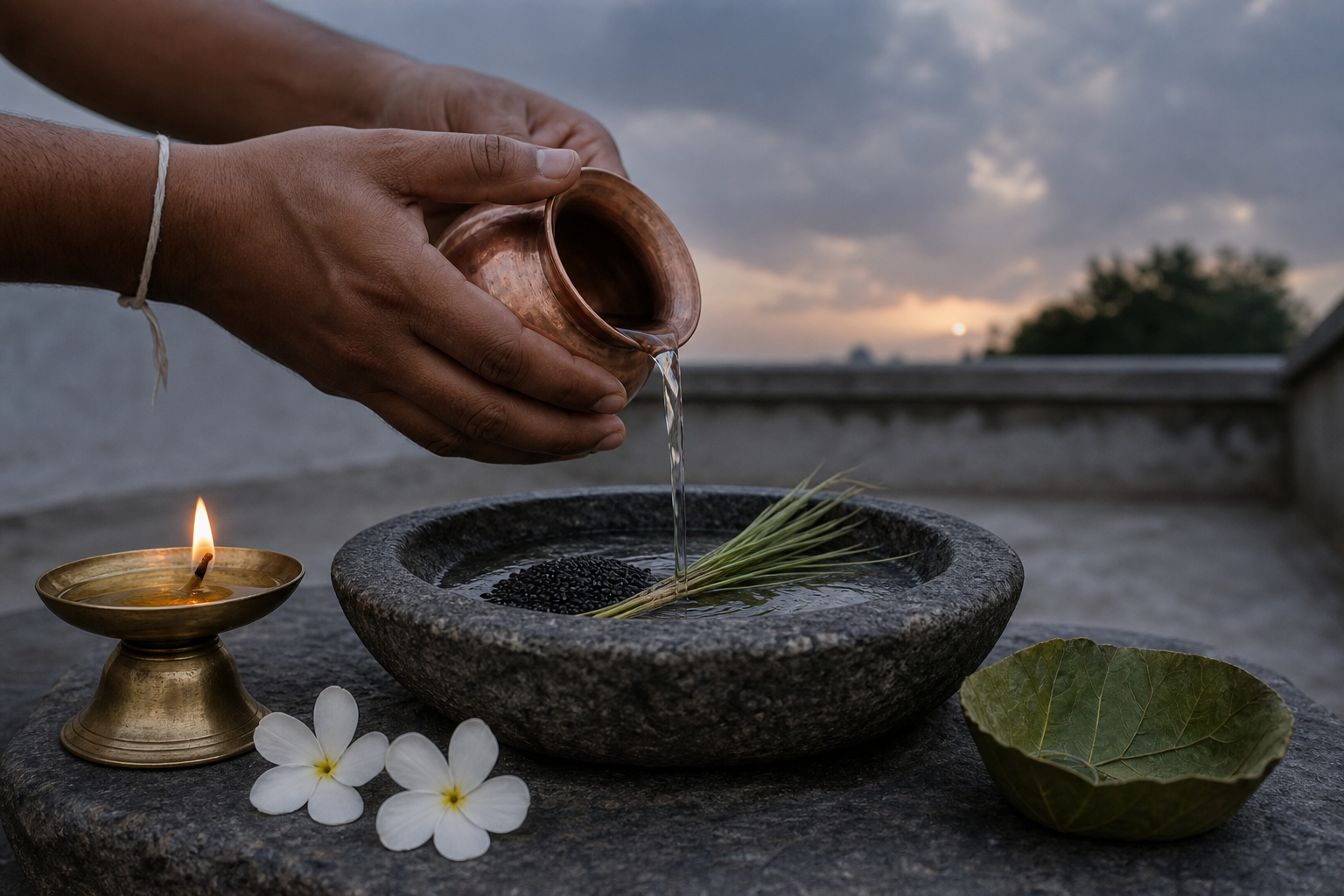 A devotee's hands pour water from a copper vessel over black sesame seeds and kusha grass beside a small oil lamp and white flowers.