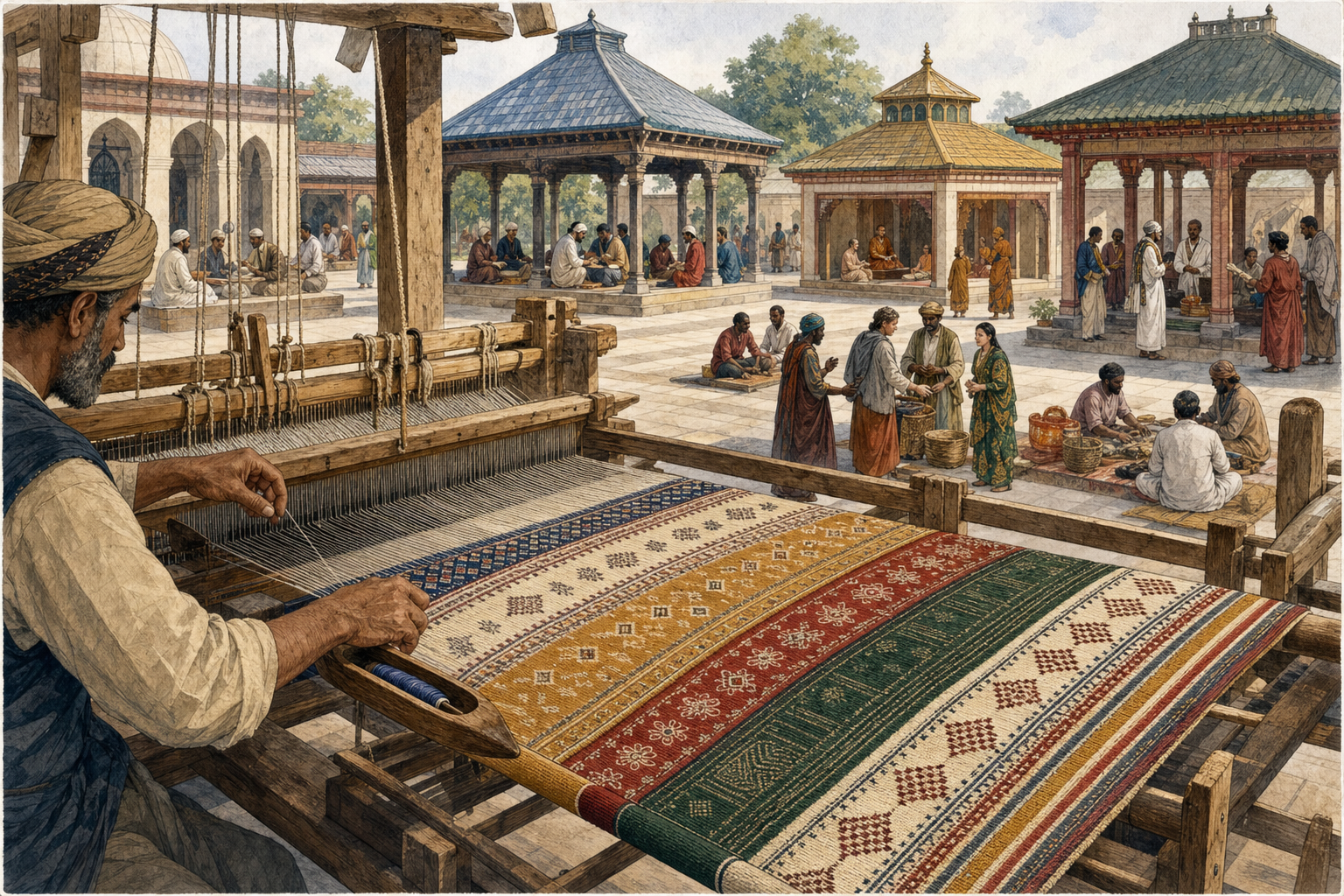 A weaver joins differently colored and patterned fibers into one cloth as varied groups gather among connected courtyard pavilions.
