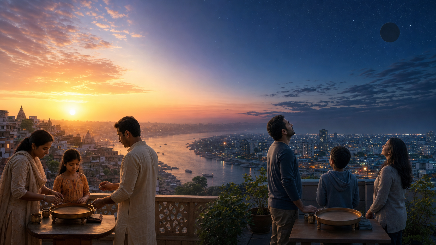 Two families in different locations prepare similar prayer trays while one setting is at sunrise and the other remains in evening light.