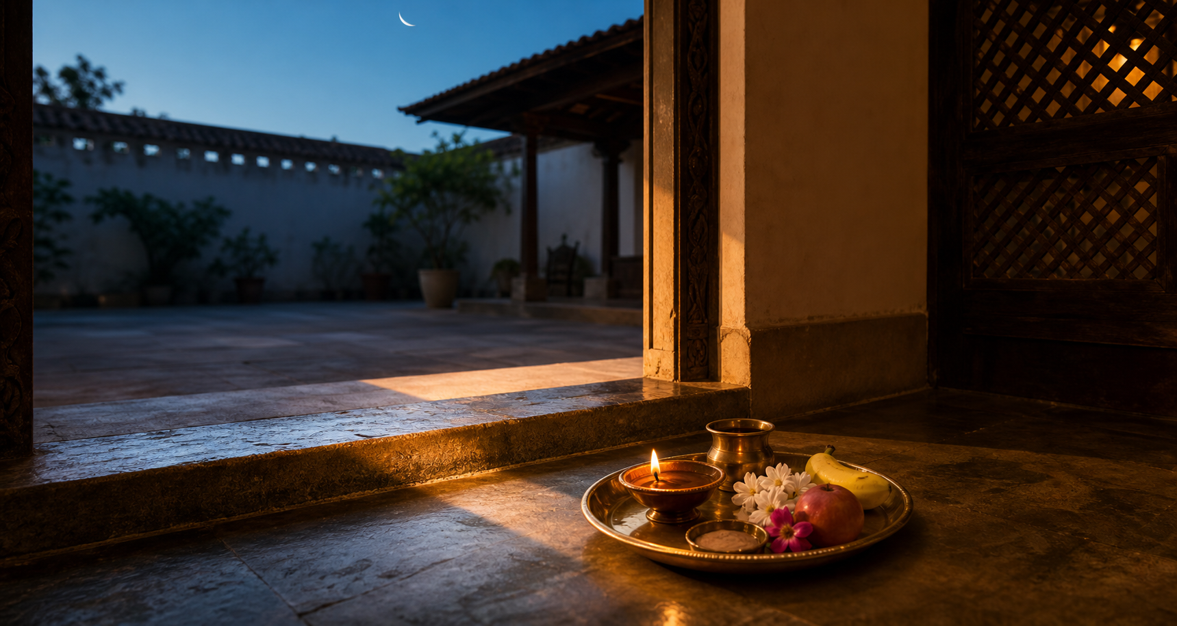 Changing evening light crosses a stone threshold and a prepared brass worship tray beneath a young waxing moon.