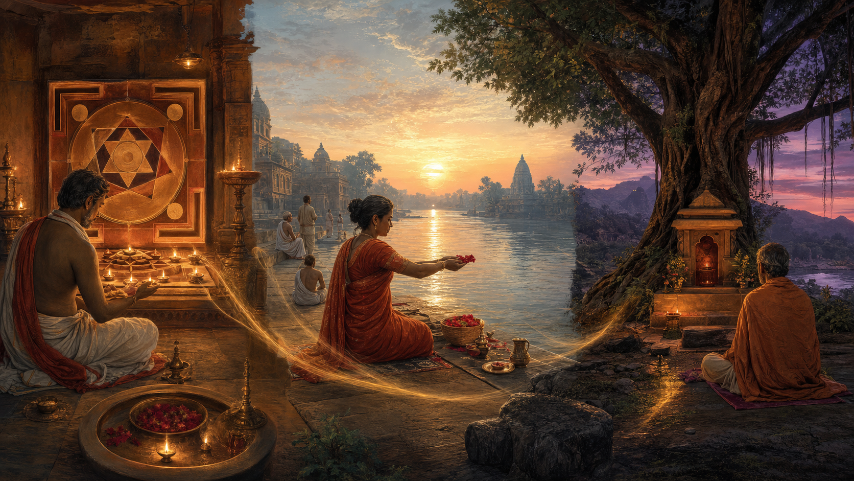 Practitioners perform different rituals with lamps, flowers, and meditation across connected riverside, temple, and woodland settings.