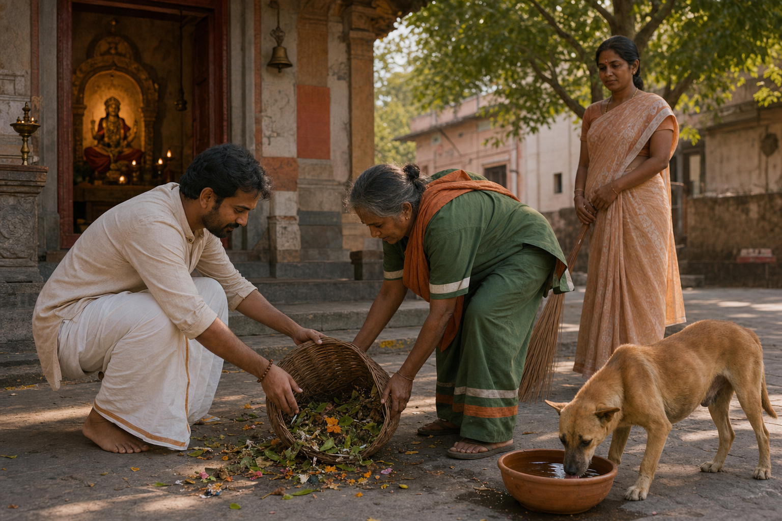 A devotee wearing prayer beads helps a street cleaner gather a spilled basket beside a temple courtyard while a dog drinks from a clay bowl.