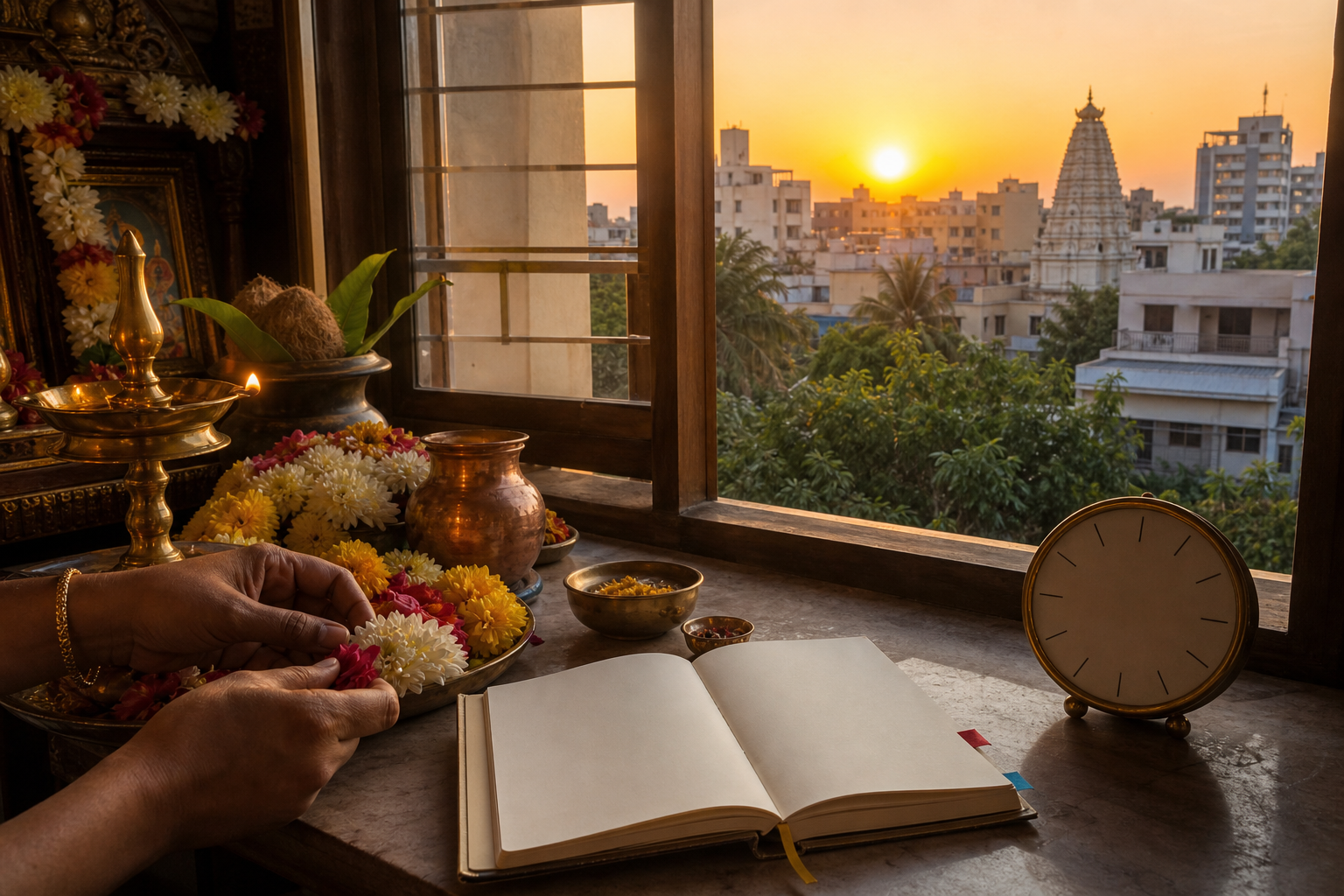 Hands arrange worship materials beside a blank tabbed notebook and an unnumbered clock as the sun rises over a local neighborhood and temple spire.
