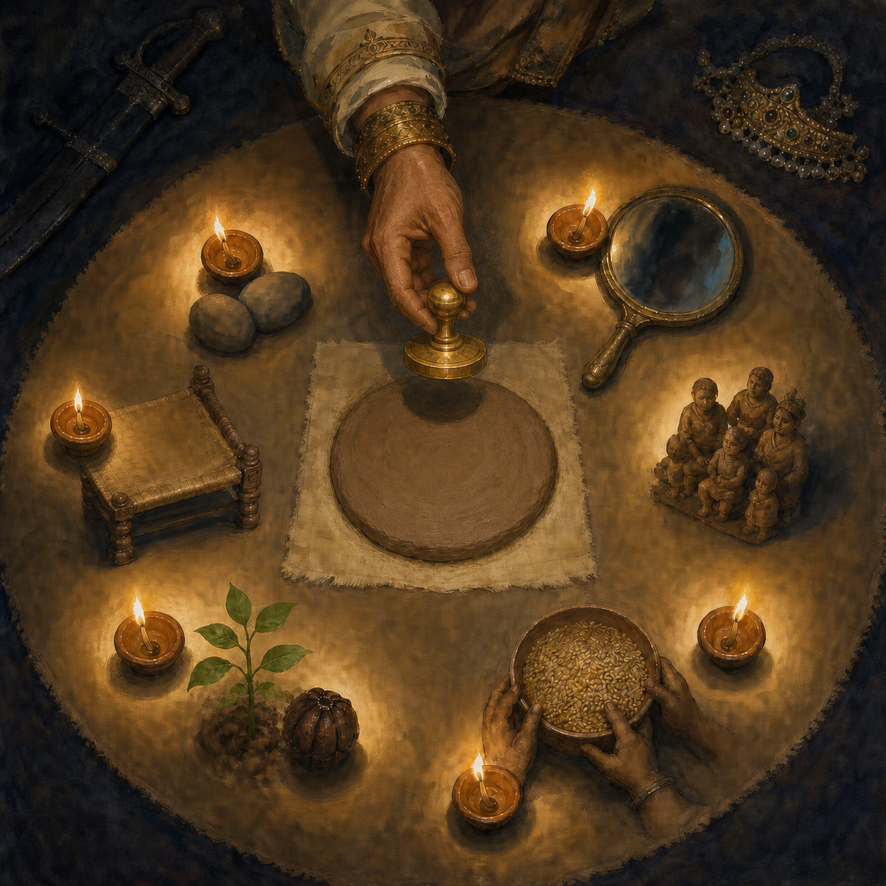 A hand pauses above an unmarked seal while six oil lamps illuminate stones, a mirror, figurines, grain, a sapling, and an empty counselor's seat.