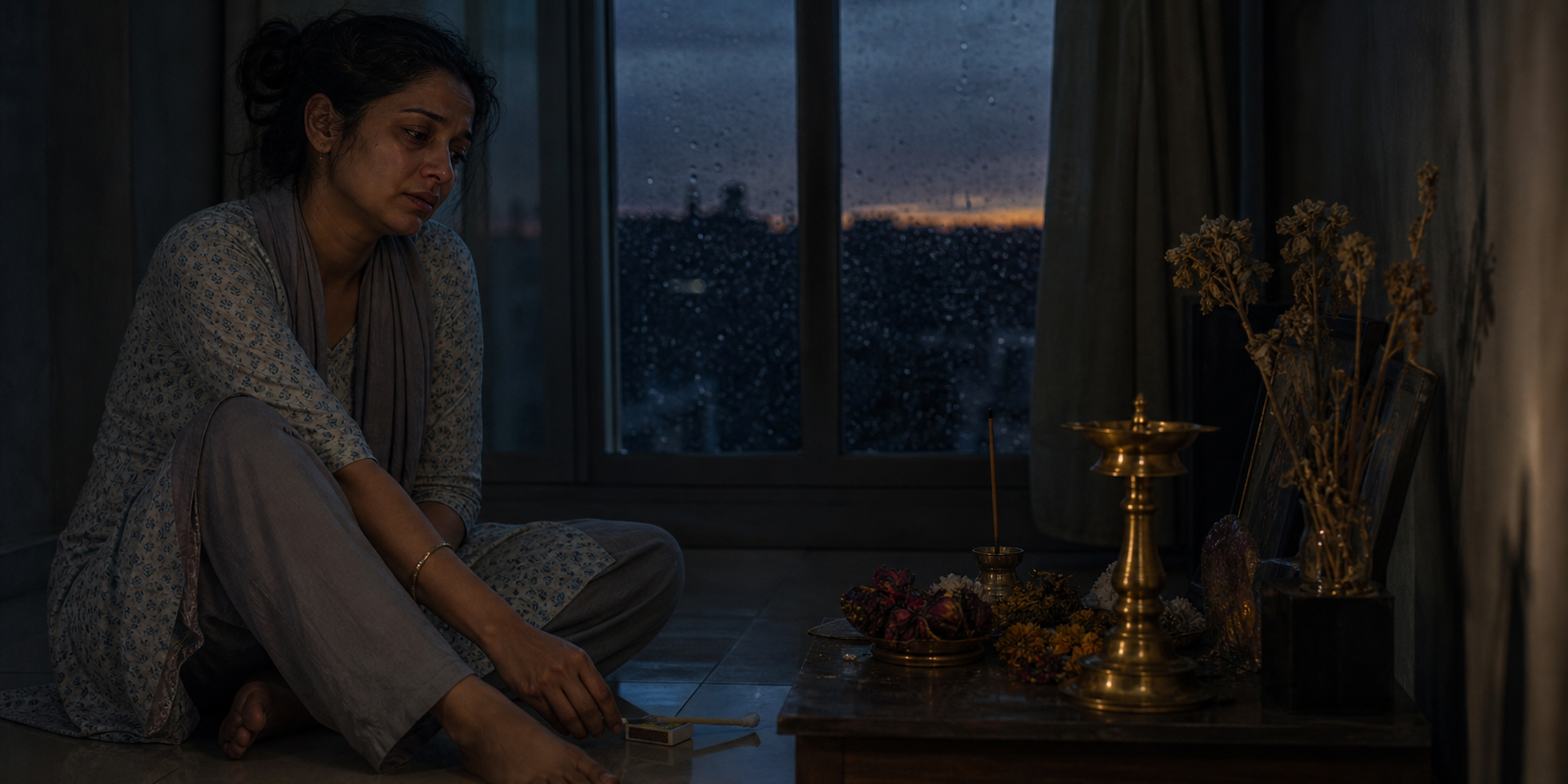 A weary devotee sits beside an unlit altar on a rainy night, with one hand near a box of matches and a fresh lamp wick.