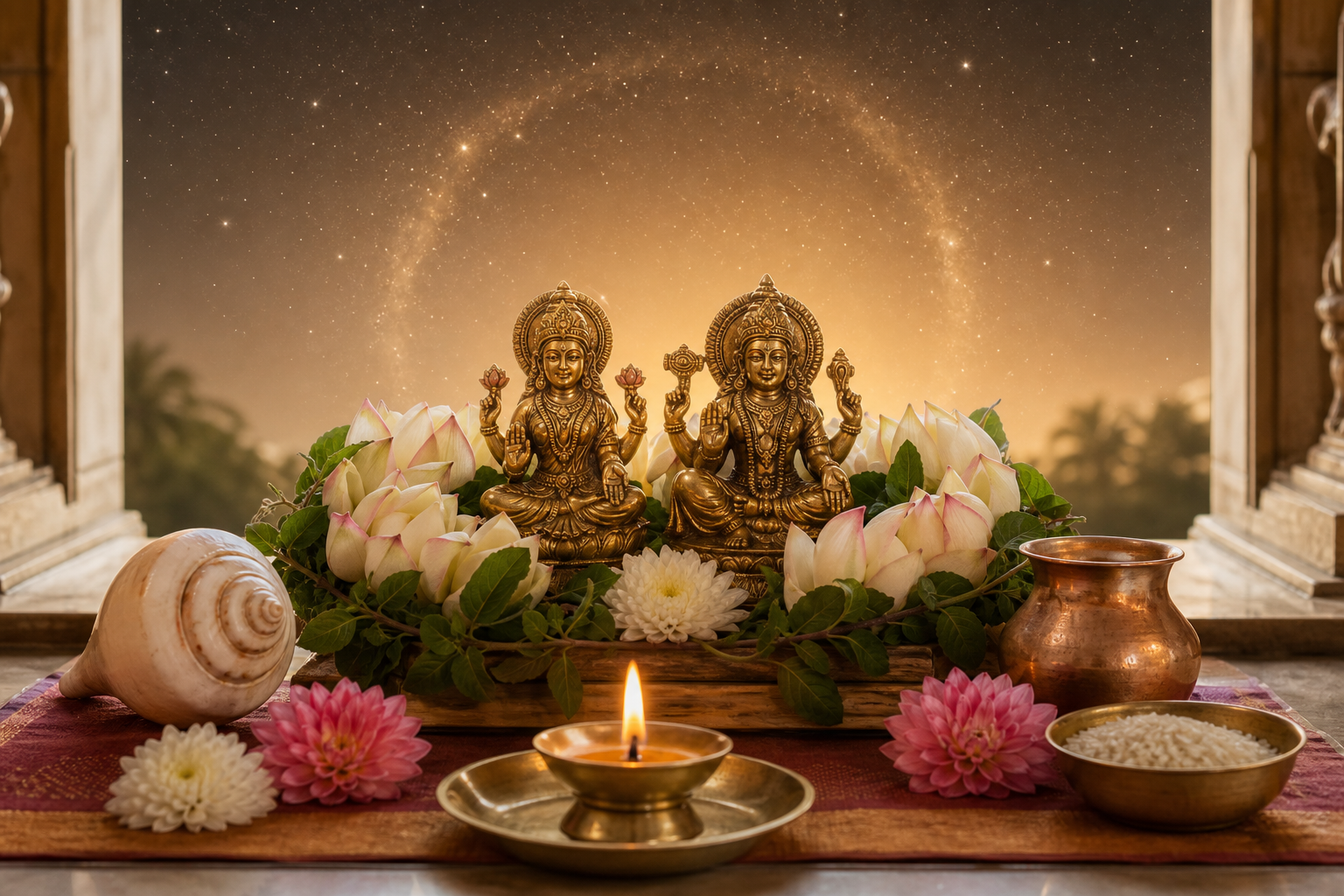 Brass icons of Lakshmi and Narayana on a home altar with an oil lamp, lotus flowers, tulsi leaves, rice, a conch, and a copper vessel.