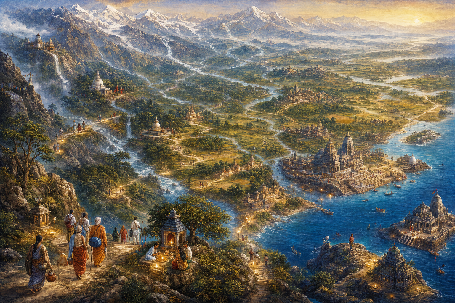 An elevated landscape shows mountains, rivers, forests, temple towns, shrines, ghats, and pilgrims connected by paths across varied terrain.