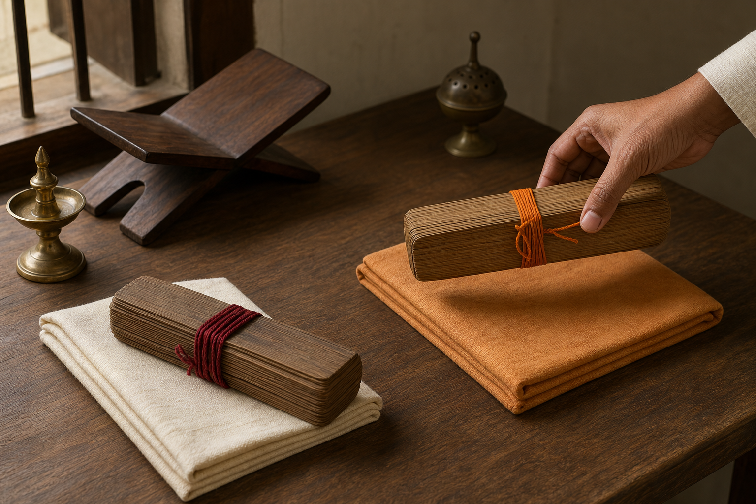 A practitioner's hand selects one of two separately bound palm-leaf manuscript bundles in a traditional study.