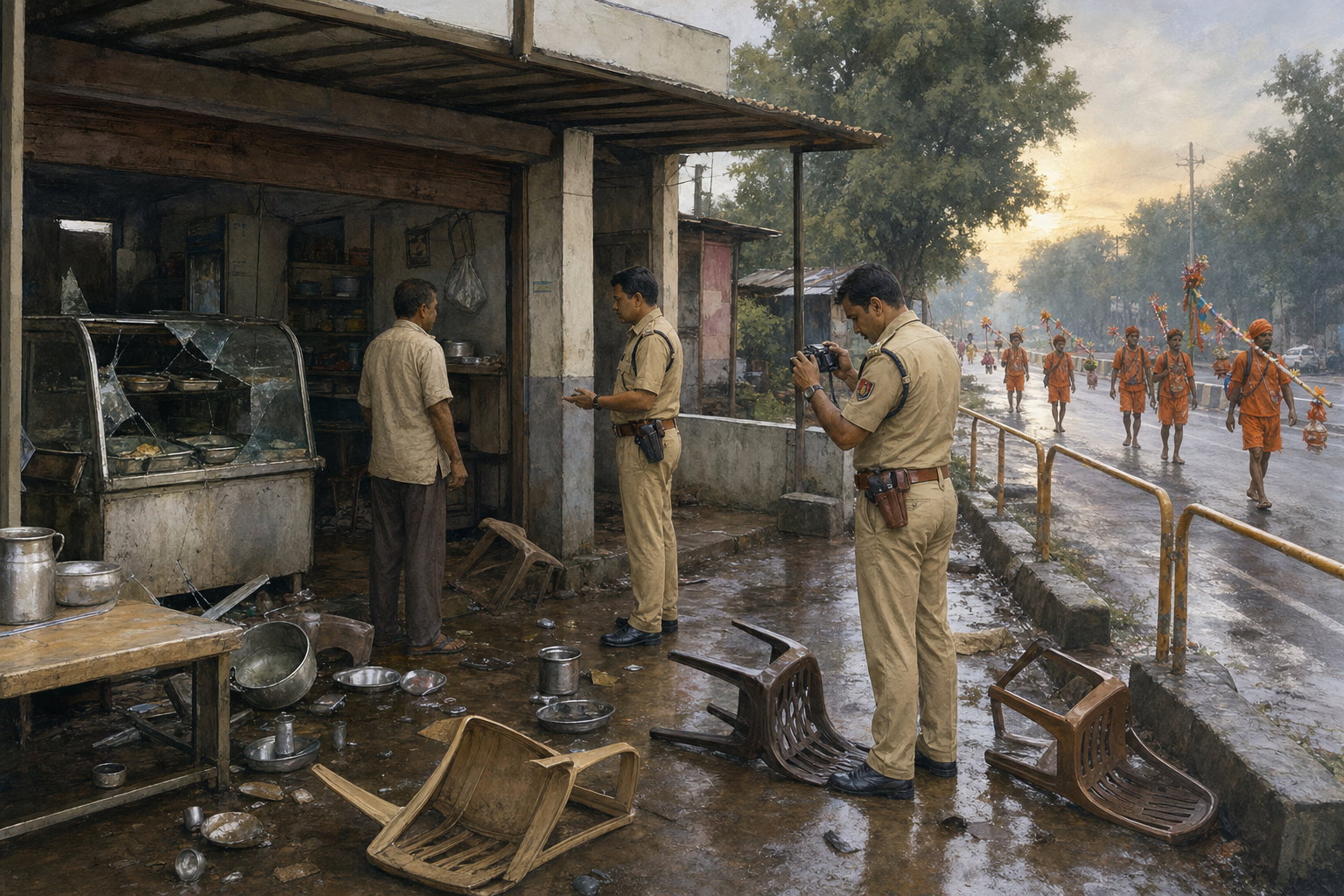 Police document damage outside a roadside eatery as peaceful Kanwar pilgrims walk along the route in the background.