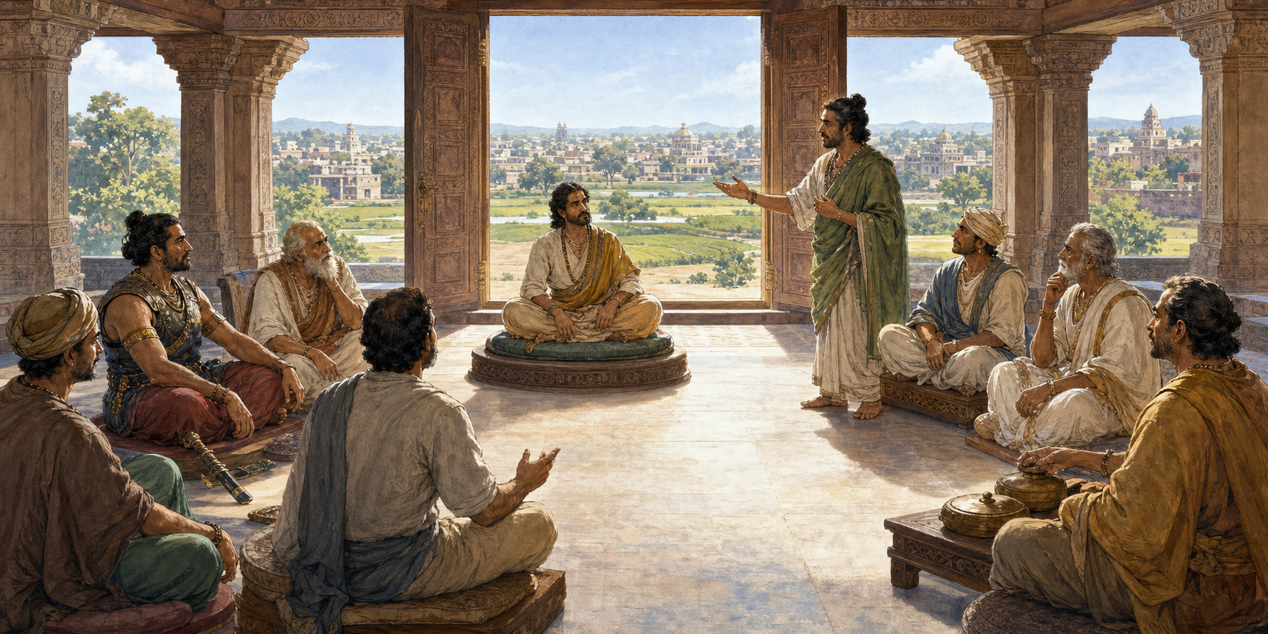 A ruler seated within a circular council listens as one advisor stands to disagree before counselors from several roles in an open assembly hall.
