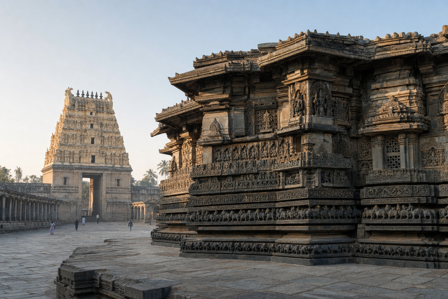 The carved Hoysala Chennakeshava Temple stands in the foreground with the taller Vijayanagara entrance gopura rising behind it at Belur.