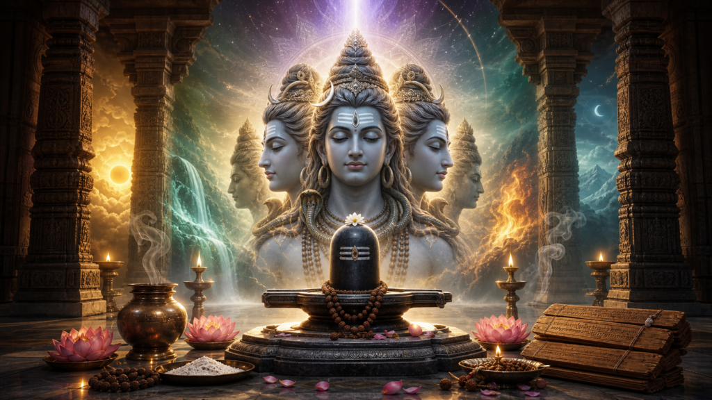 Panchabrahma Shiva with a Shiva linga, oil lamps, lotus flowers, and sacred offerings in a luminous temple sanctum.