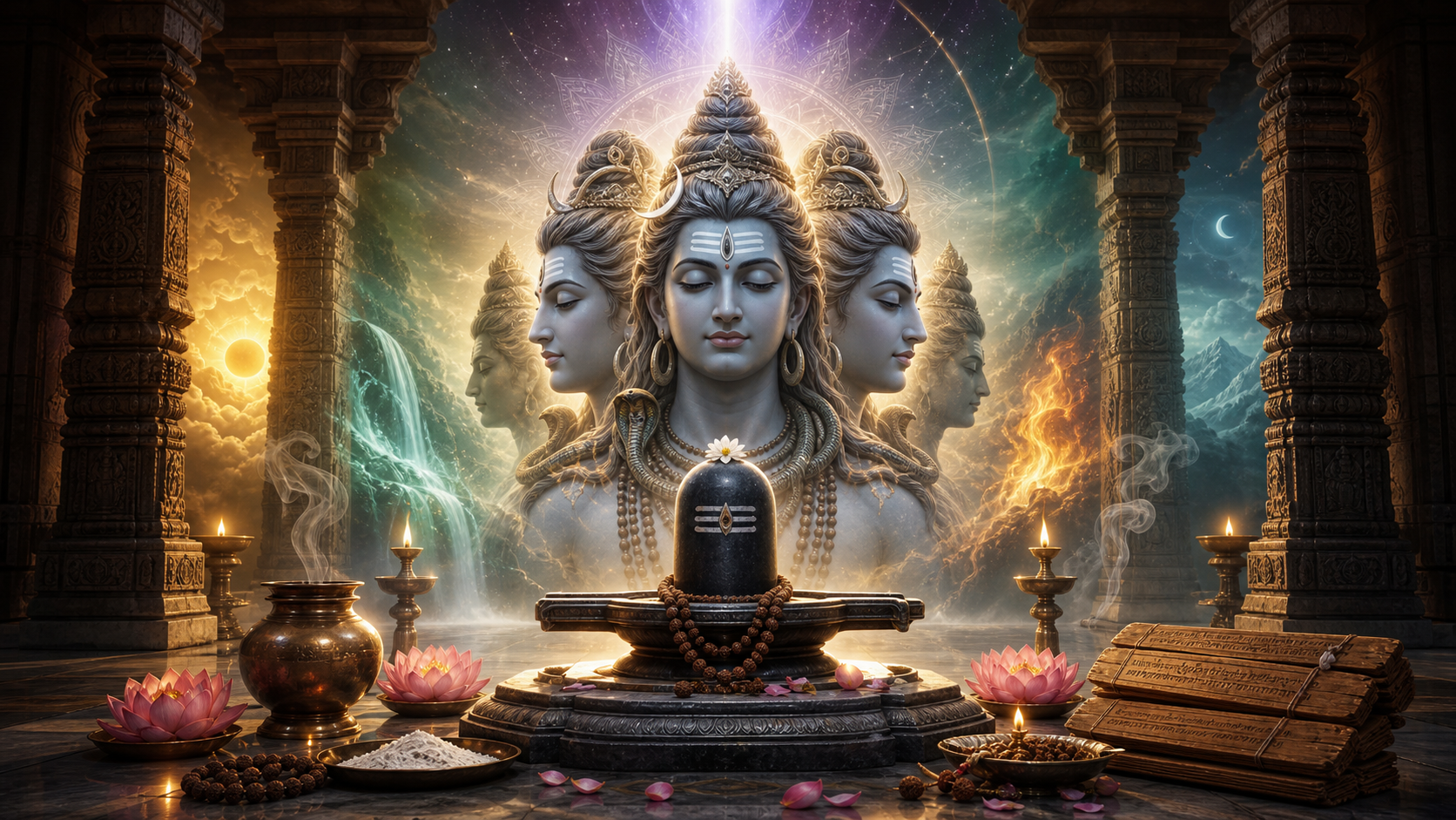 Panchabrahma Shiva with a Shiva linga, oil lamps, lotus flowers, and sacred offerings in a luminous temple sanctum.