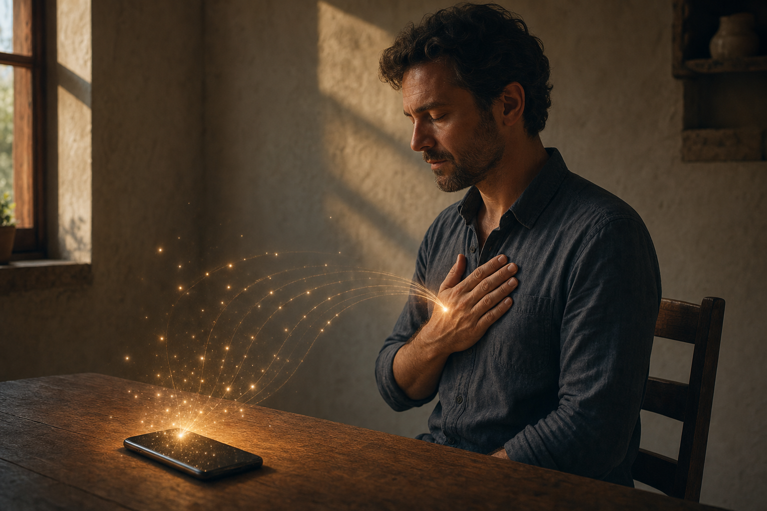 A person at a wooden desk turns attention inward while glowing orbs recede from a nearby smartphone.