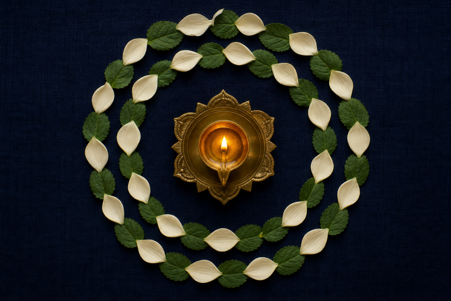 Two alternating ceremonial strands of lotus petals and tulsi leaves form an ordered pattern around a central brass oil lamp.