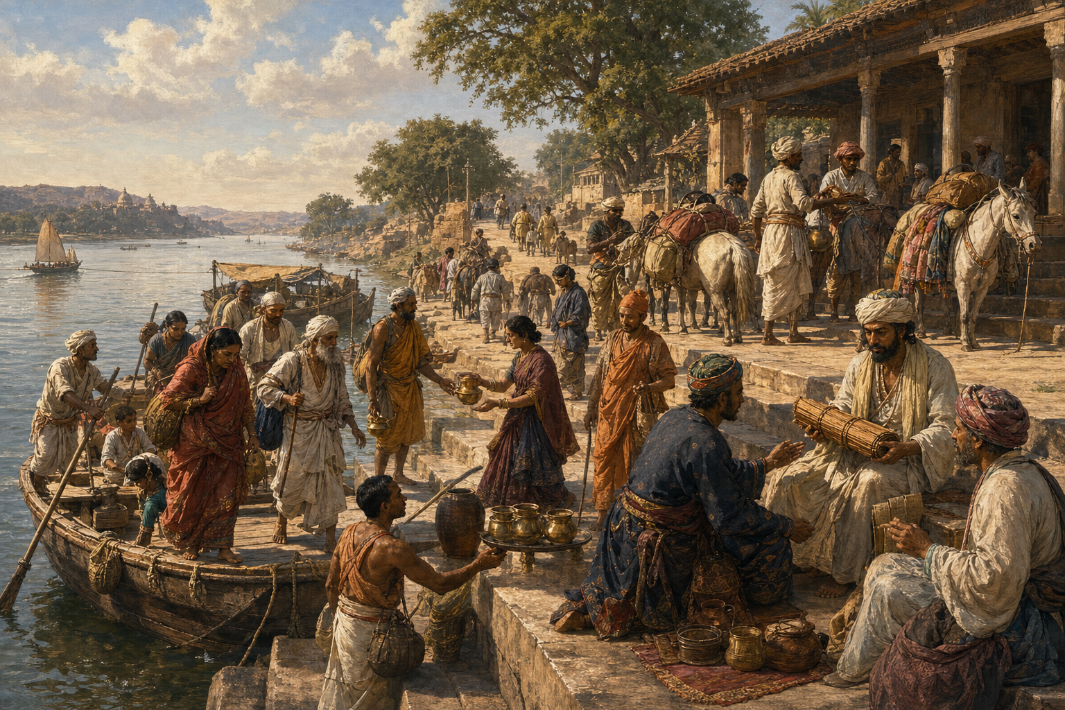 Travelers, pilgrims, scholars, merchants, and families meet beside a river ferry, ghat, and roadside rest house.