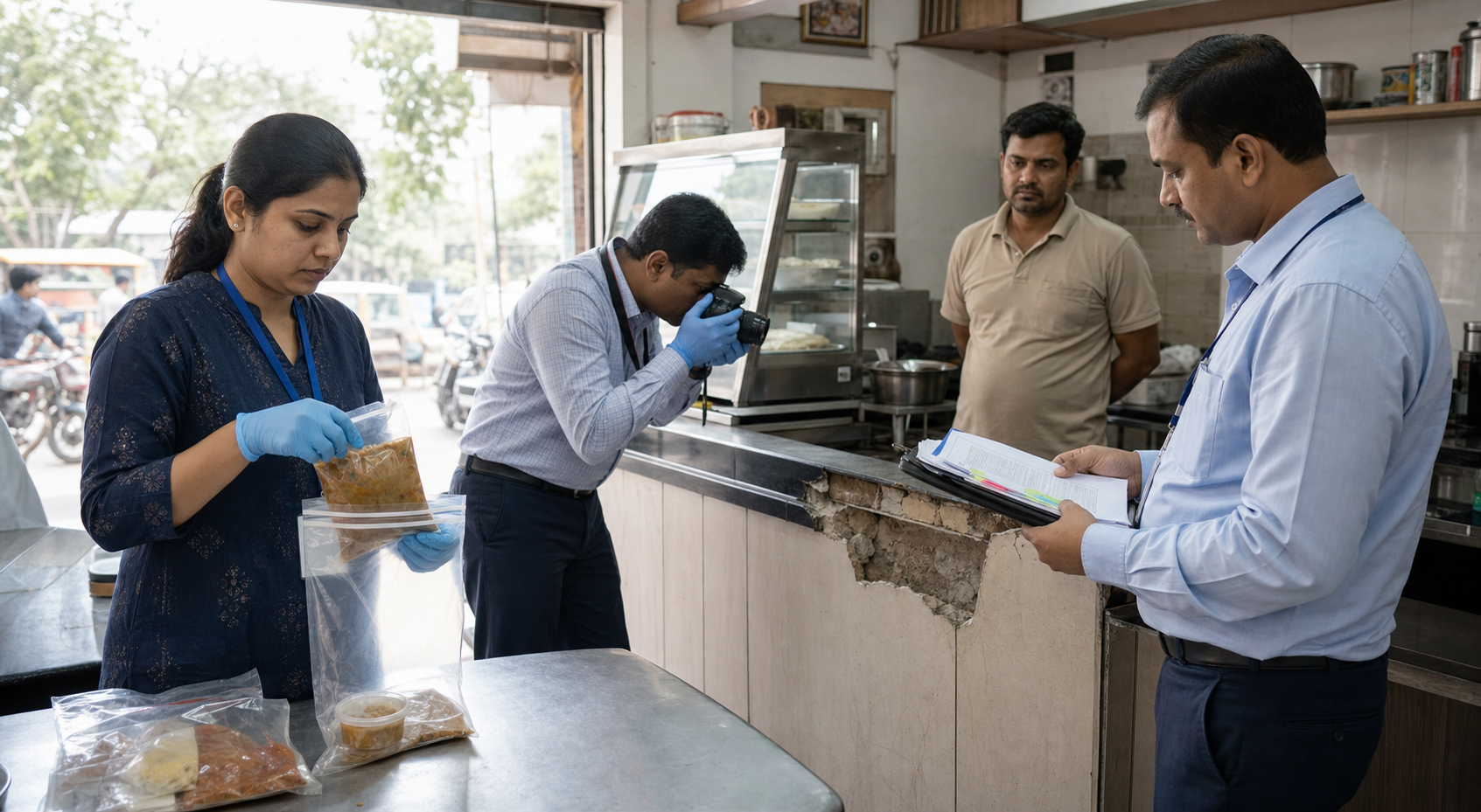 A food inspector checks an eatery, police document property damage, and Kanwar pilgrims walk in a protected lane in three distinct parts of one scene.