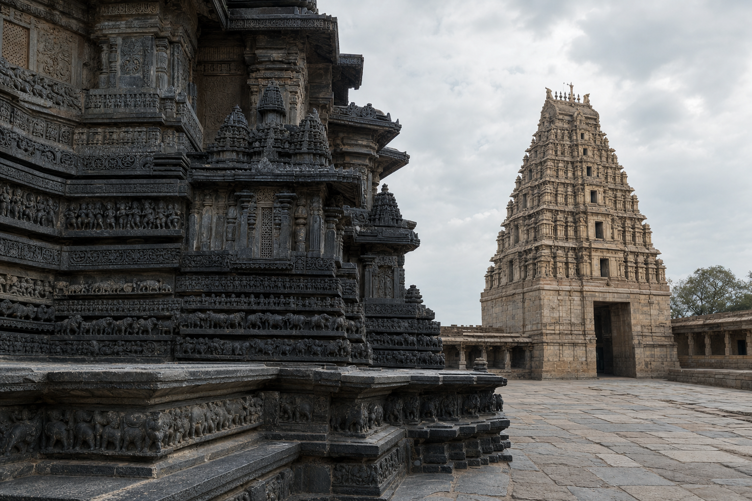 Medieval masons repair a damaged gateway at Belur while attendants maintain a passage to the older Hoysala shrine.