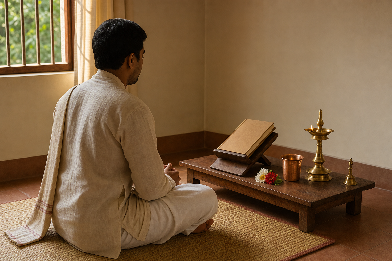 A devotee sits on a woven mat before a simple home altar with a closed scripture, oil lamp, water, flowers, and a bell.