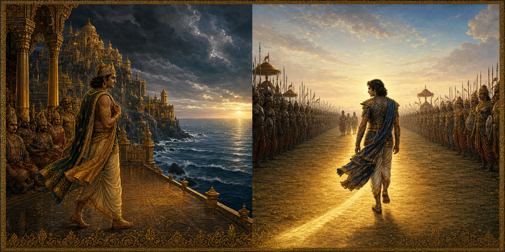 A parallel epic scene shows Vibhishana leaving the golden city of Lanka and Yuyutsu crossing from the Kaurava army toward the opposing side at Kurukshetra.