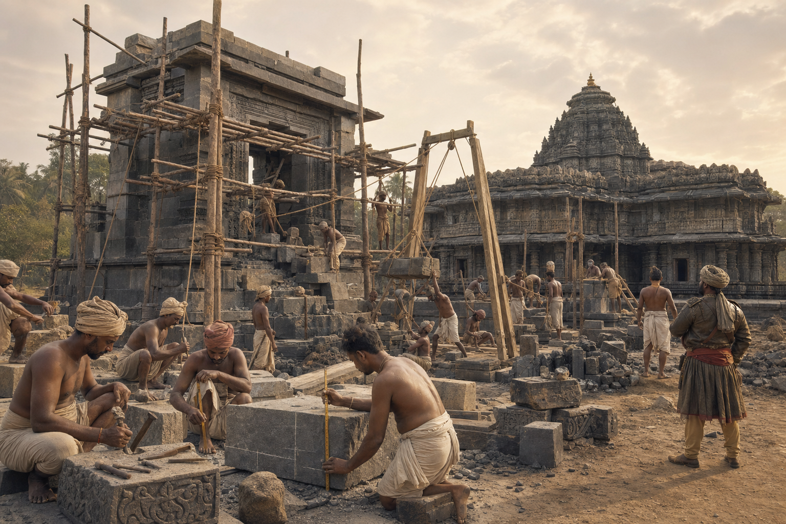 Dense Hoysala soapstone carvings appear in the foreground with the larger Vijayanagara gateway rising behind them.