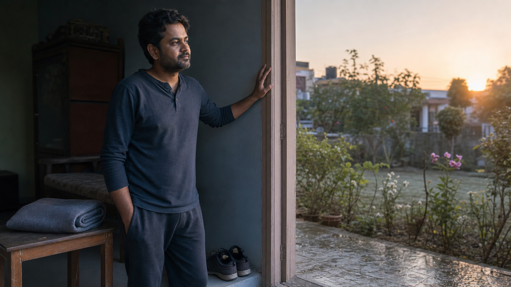 An adult stands thoughtfully in an open doorway at dawn, with a shadowed room behind them and a sunlit garden ahead.
