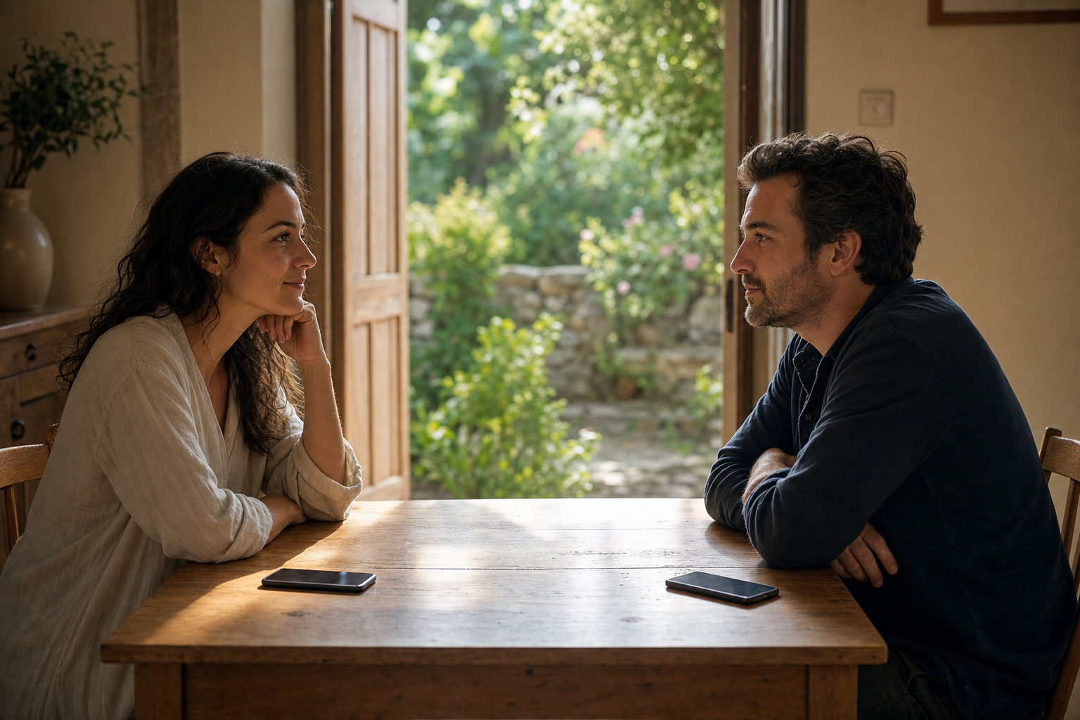 Two people sit attentively across a table with their smartphones face down between them.
