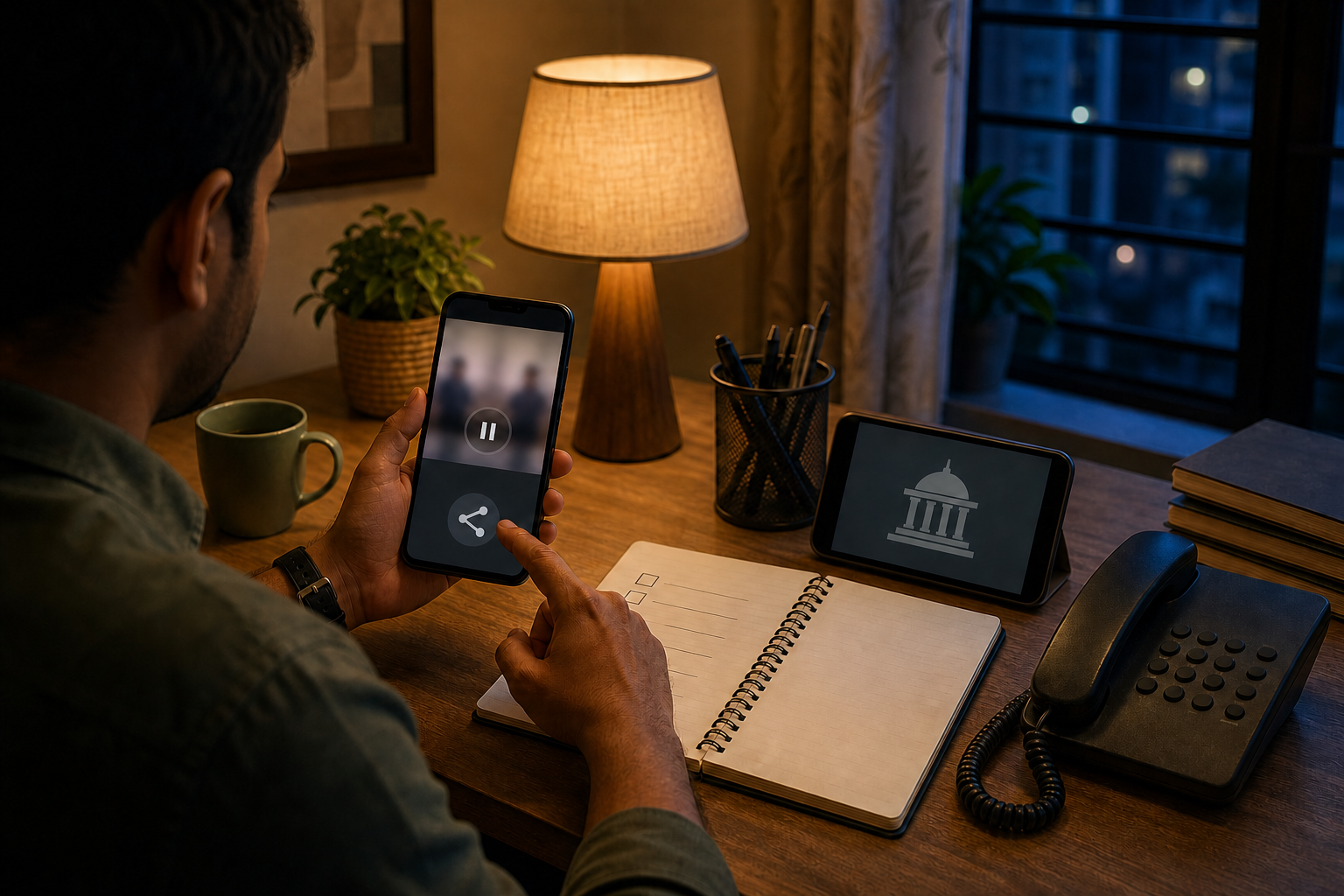 Hands pause over a smartphone video while a second device and notebook are used to check its source.
