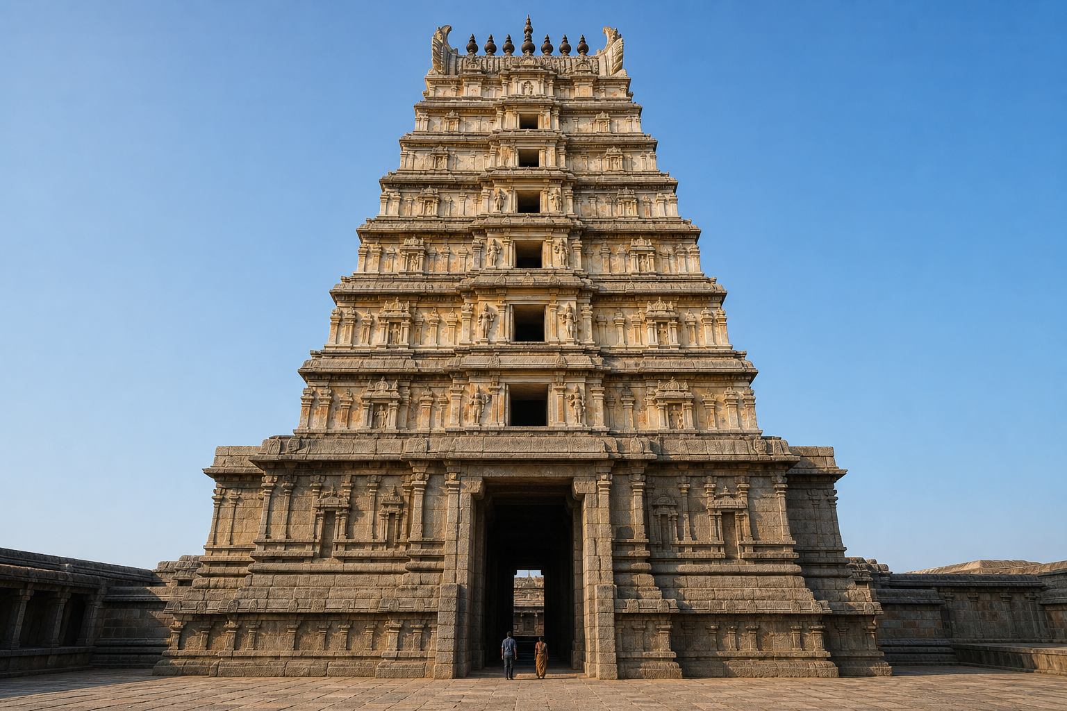 Priests, musicians, officials, and townspeople pass through Belur's reopened gateway toward the Hoysala temple at dawn.